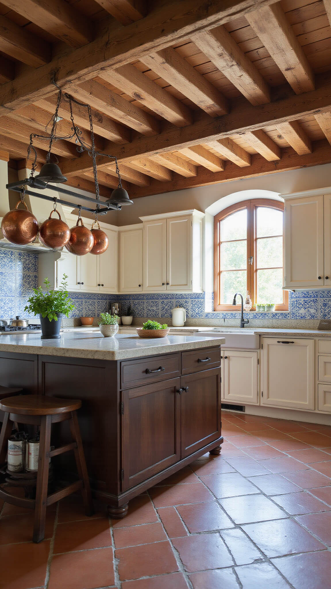 Rustic Mediterranean kitchen with cream cabinets, dark wood island, marble top, exposed wooden beams, copper pots, terracotta floor, and morning light through arched windows.