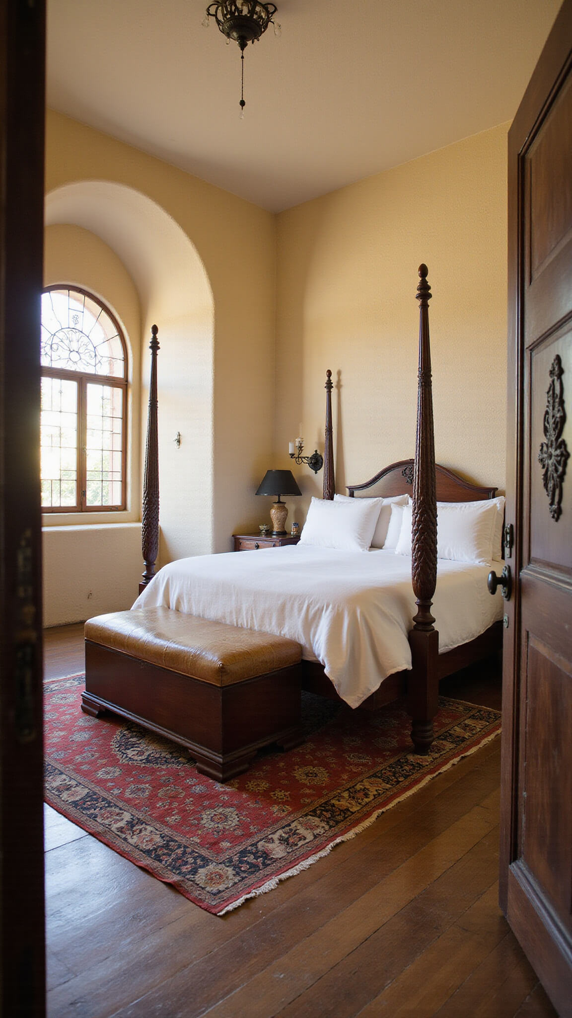 Spanish Colonial master bedroom with four-poster bed, arched alcoves, ivory stucco walls, and morning light through iron-framed windows.