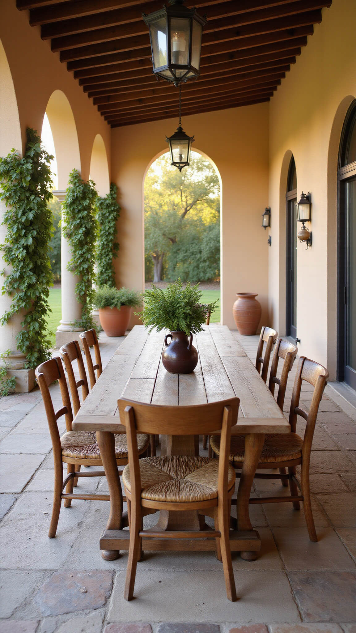 Tuscan-style outdoor dining loggia at golden hour with arched openings, a long weathered teak farmhouse table, rush-seated chairs, stone flooring, climbing bougainvillea, vintage wine jugs, and terracotta planters.