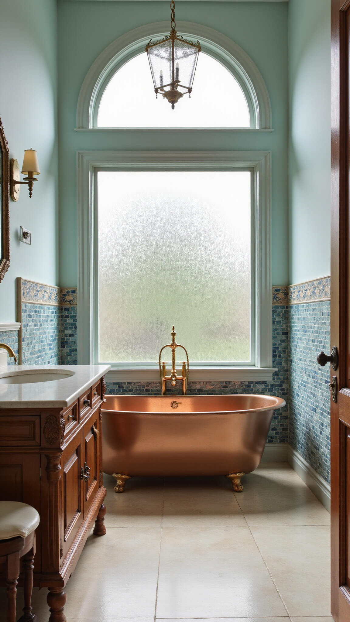 Luxurious Mediterranean spa bathroom with freestanding copper tub, limestone floors, pale aqua Venetian plaster walls, and mosaic tile feature wall, softly lit through frosted arched window.