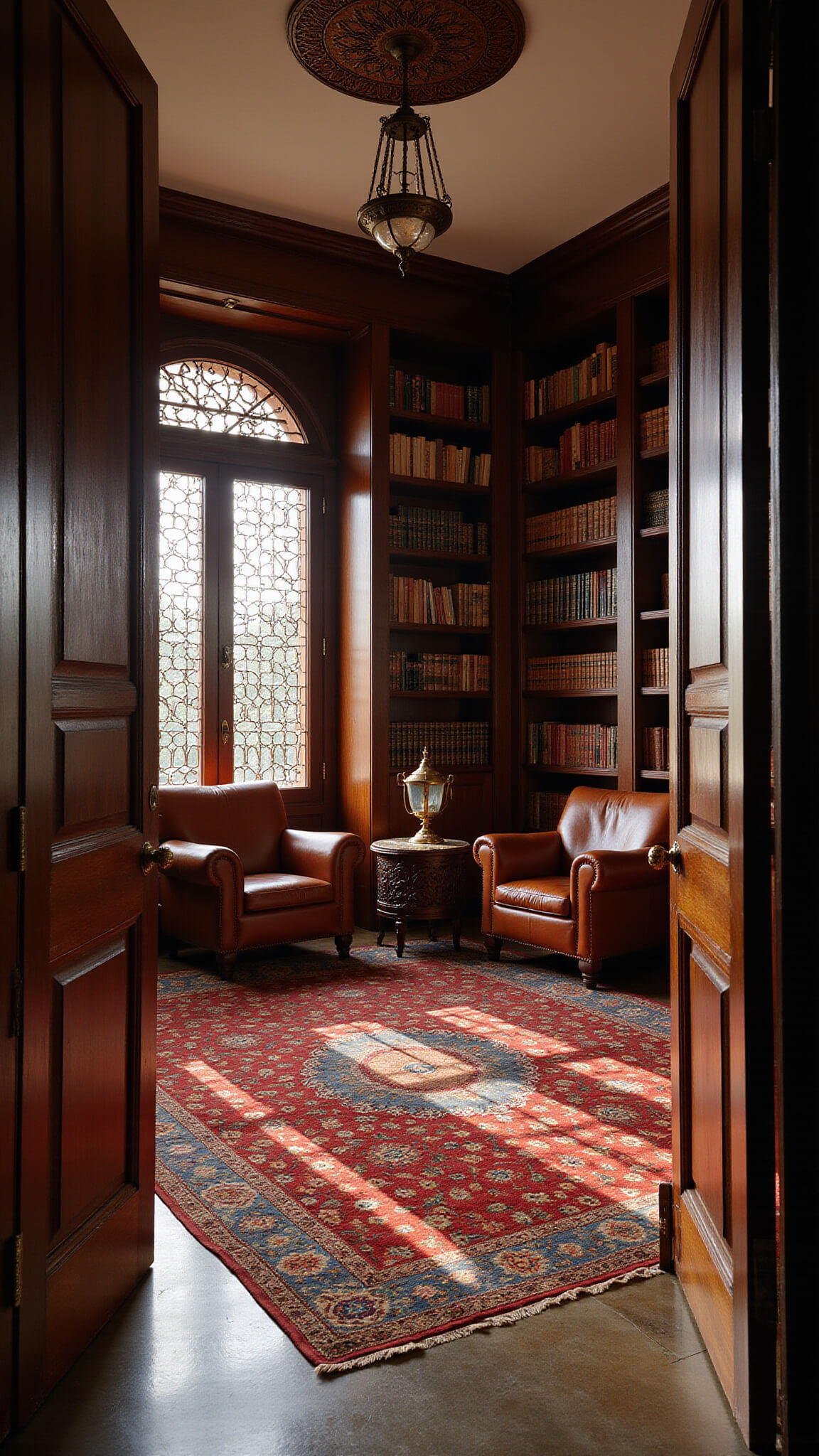 Moroccan-inspired study with patterned shadows from metalwork screens, dark wood bookshelves, jewel-toned kilim rug, leather armchairs, copper lanterns, carved coffee table, and intricate ceiling medallion in warm late afternoon light.