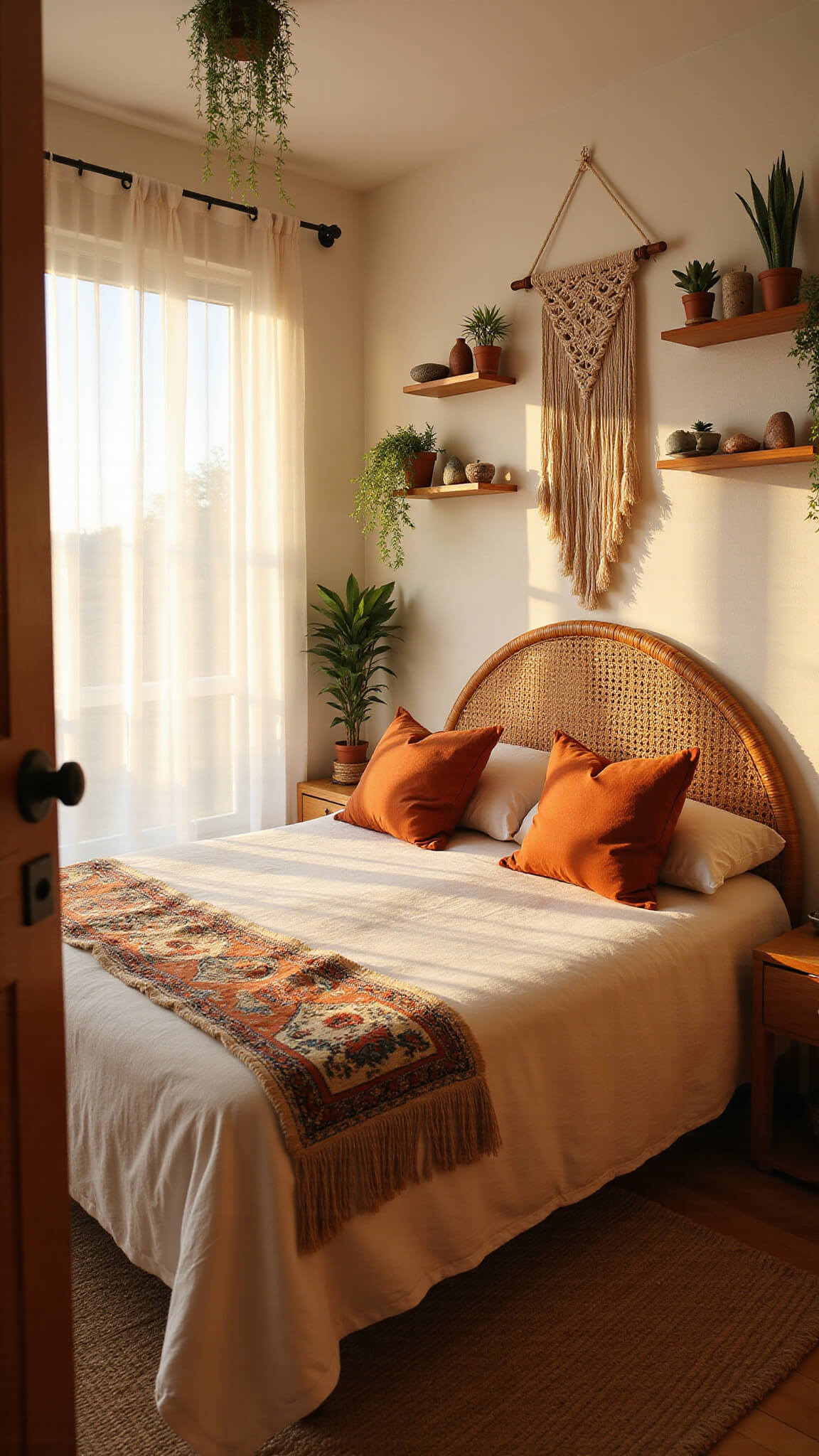 Cozy 10x12ft sunlit bedroom with rattan headboard, macramé wall art, layered rugs, hanging plants, and neutral bedding accented with rust pillows.