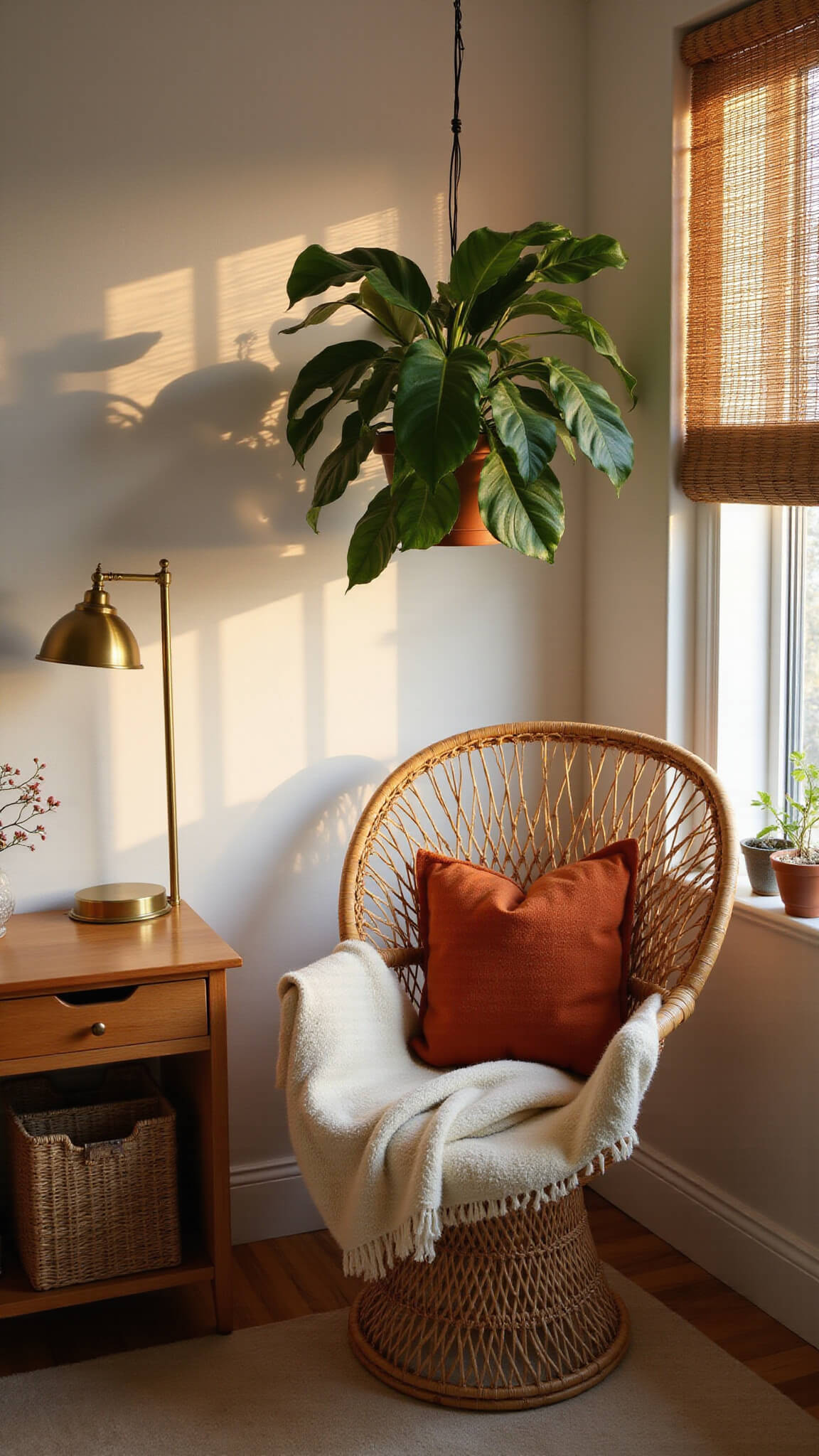 High-angle view of cozy 8x10ft bedroom corner at dawn with rattan peacock chair, cream wool throw, hanging monstera plant, earth-toned textiles, bamboo blinds casting shadows, and vintage brass floor lamp.
