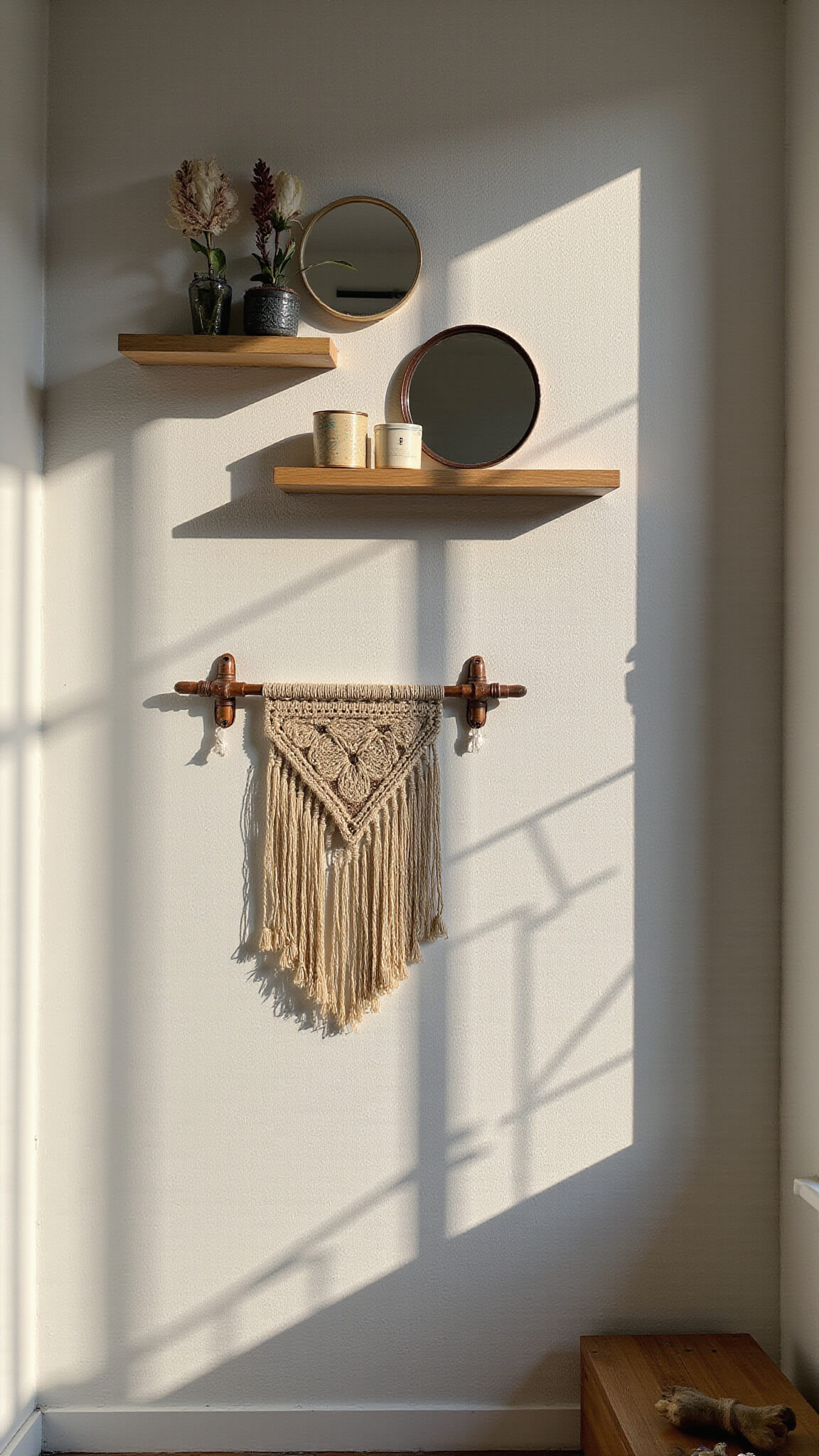 Floor-level view of a narrow 6x8ft bedroom with layered wall décor featuring vintage mirrors, floating shelves, macramé art, and warm string lights weaving through copper pipes against textured white walls.