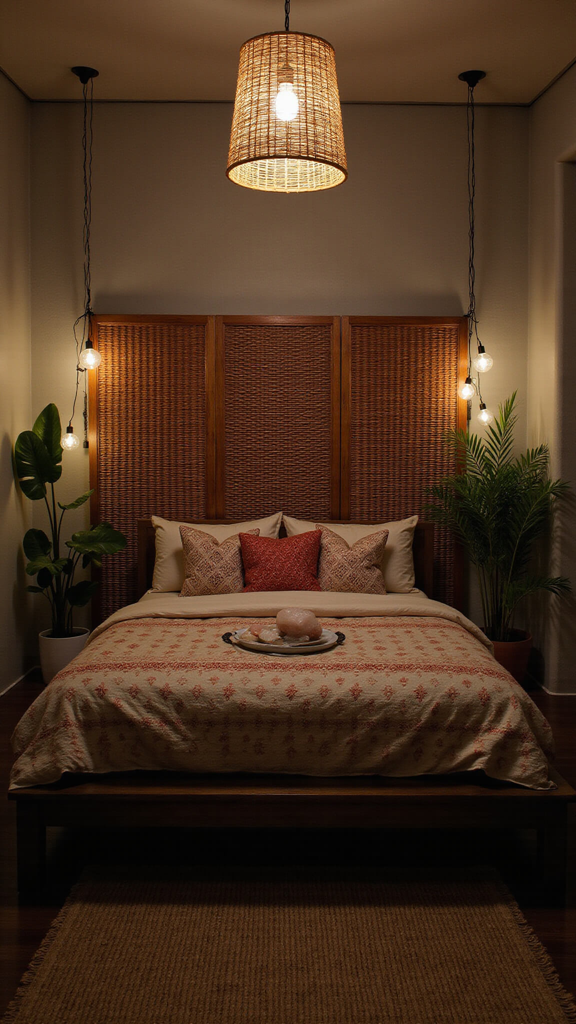 Moody dusk-lit 12x12ft bedroom with low platform bed, layered textiles, ambient lighting, trailing plants, and rattan room divider.