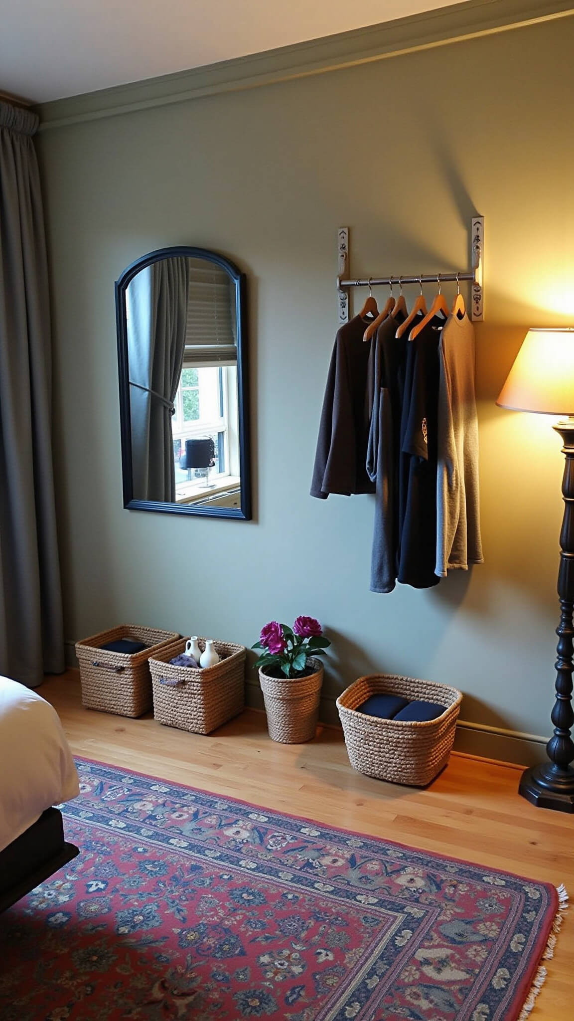Cozy 9x11ft bedroom with clever storage, floating nightstands, under-bed baskets, wall-mounted clothing rack, vintage Turkish rug on light oak floor, and layered lighting during blue hour.