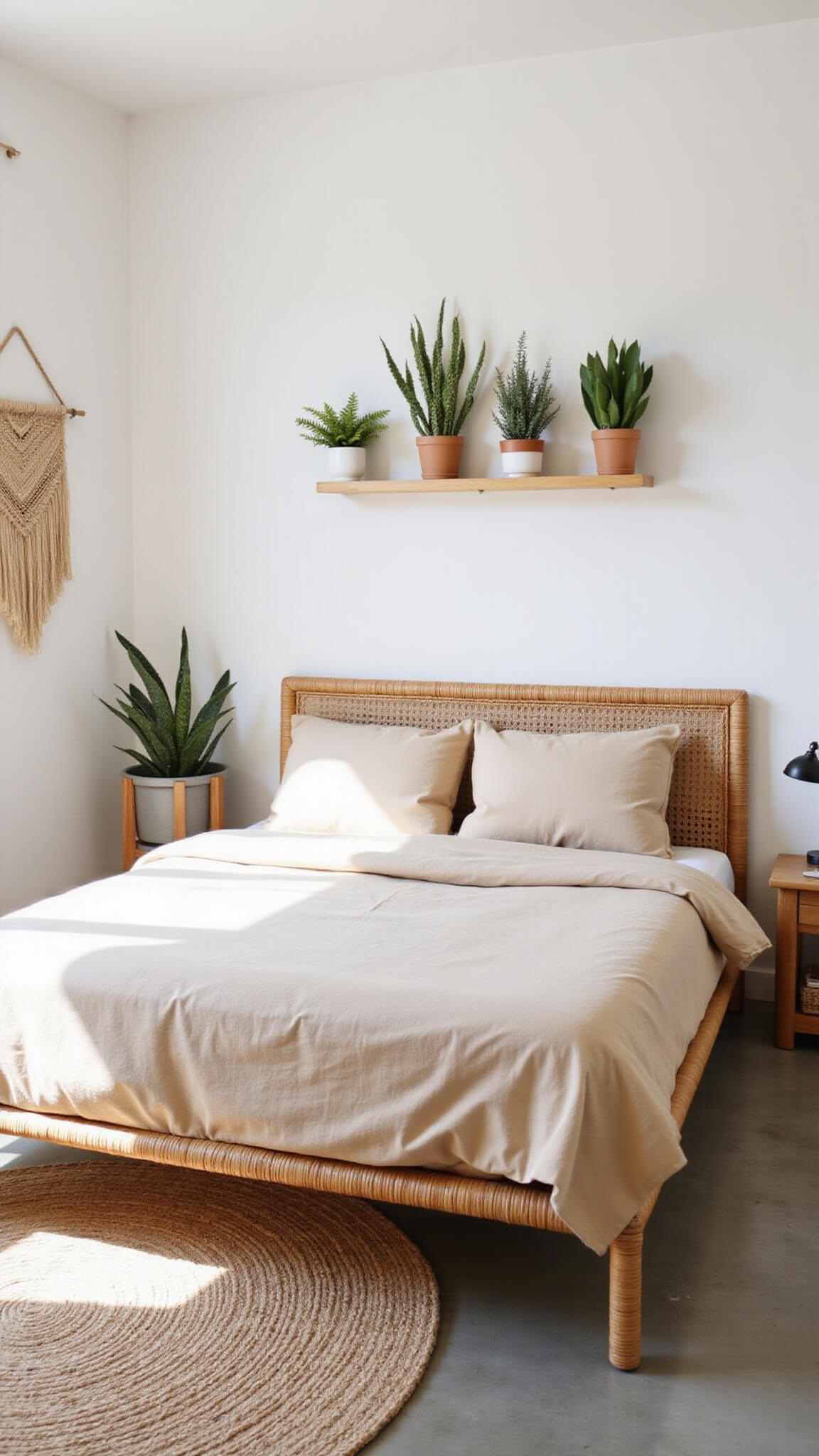 Minimalist 10x10ft bedroom with rattan bed, organic oatmeal linens, wall-mounted plants, handwoven wall hanging, and natural fiber rug on concrete floor.
