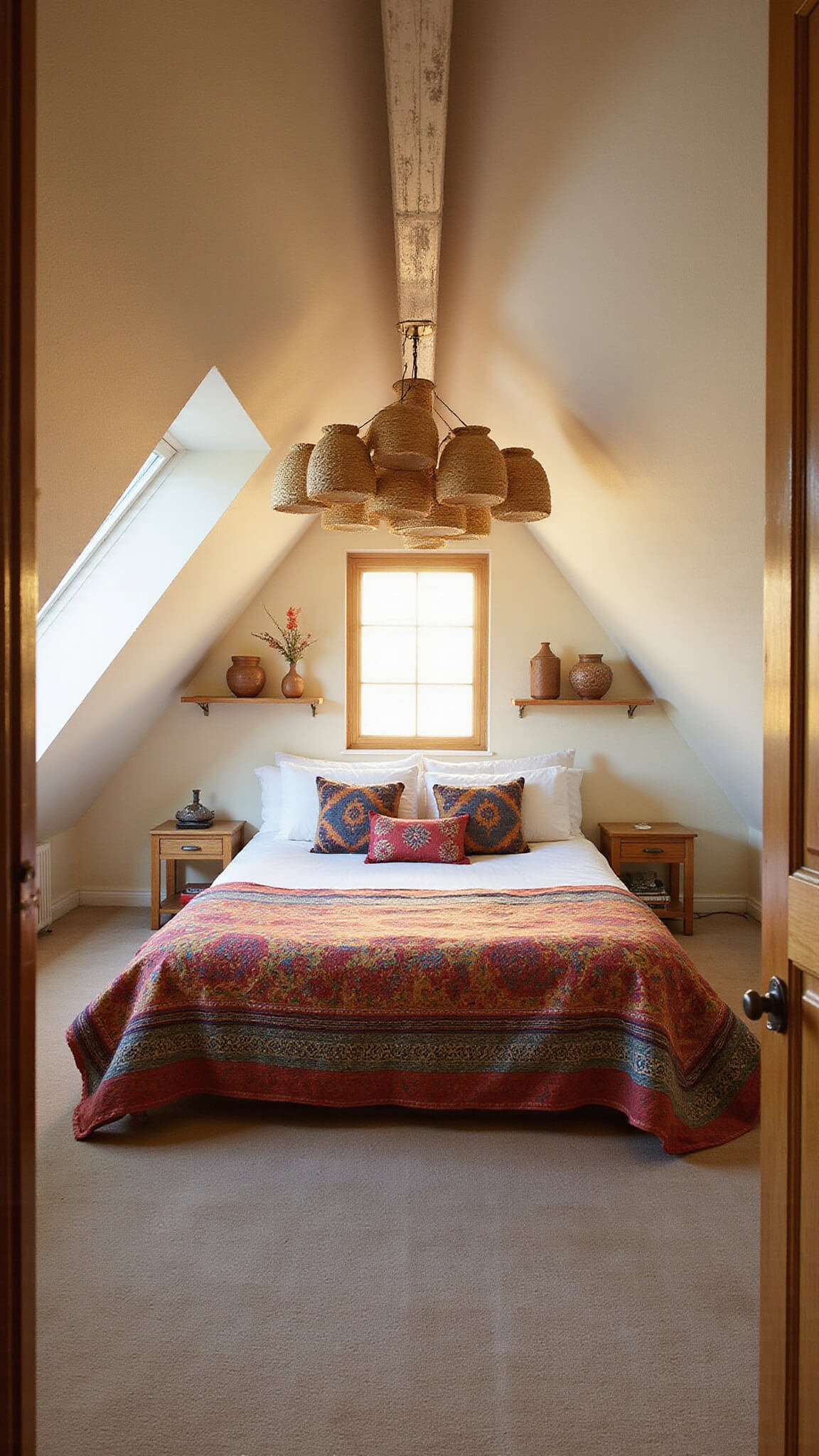Bohemian attic bedroom with slanted ceilings, sunset light on white beams, jewel-toned bedding, woven pendant lights, and vertical storage with books and pottery.