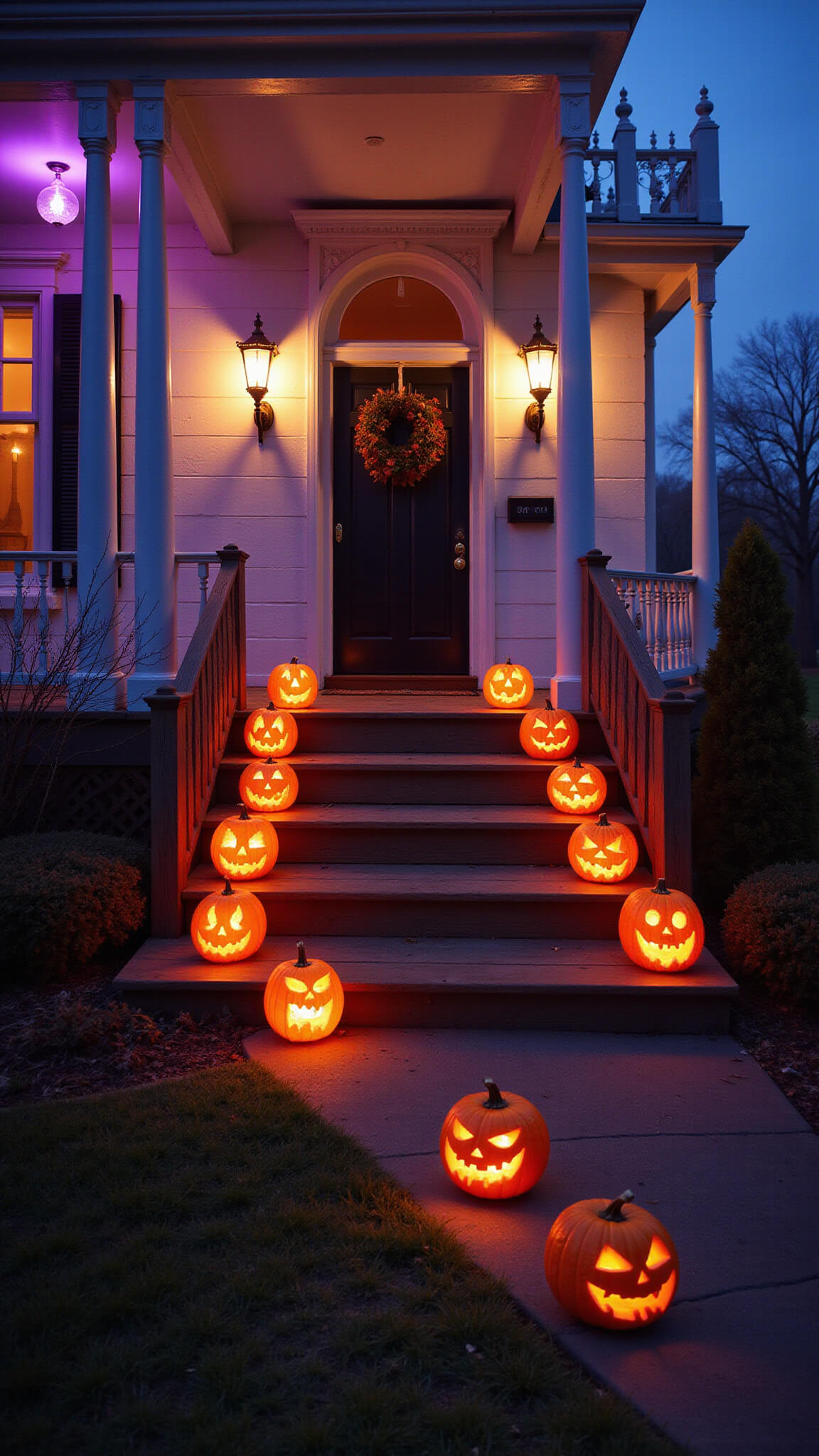 Victorian-style porch at dusk with glowing jack-o'-lanterns, purple lanterns, and fog, viewed from ground level highlighting dramatic shadows and architecture.