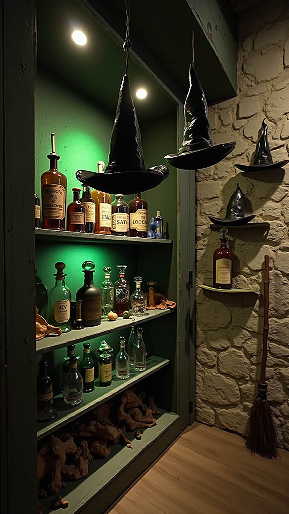 Twilight view of a witch's alcove with floating black hats, glowing green lights, antique apothecary bottles on shelves, and gnarled broomsticks by a stone wall.