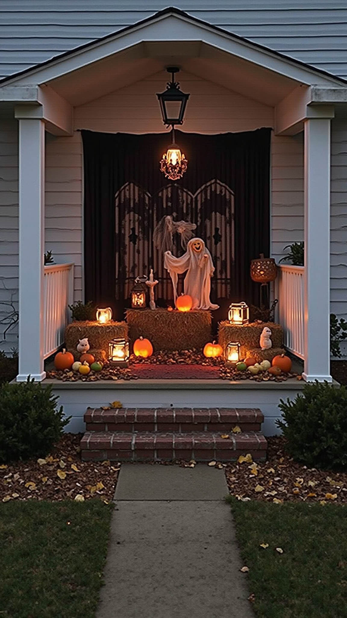 Three-dimensional porch display with pumpkins, hay bales, cheesecloth ghosts, Gothic backdrop, and floating luminaries during blue hour.