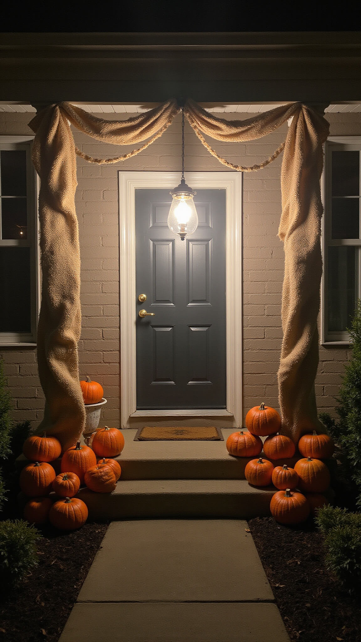 Minimalist spooky porch at midnight with smooth painted pumpkins, rough burlap drapes, flickering vintage chandelier, and fog creating depth in a symmetrical layout.