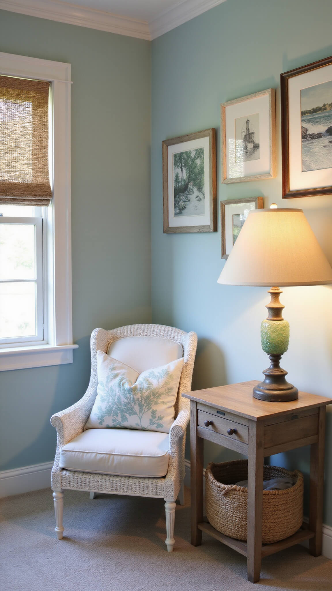 Cozy bedroom reading nook with wicker chair, oak side table, and sea glass lamp during blue hour.
