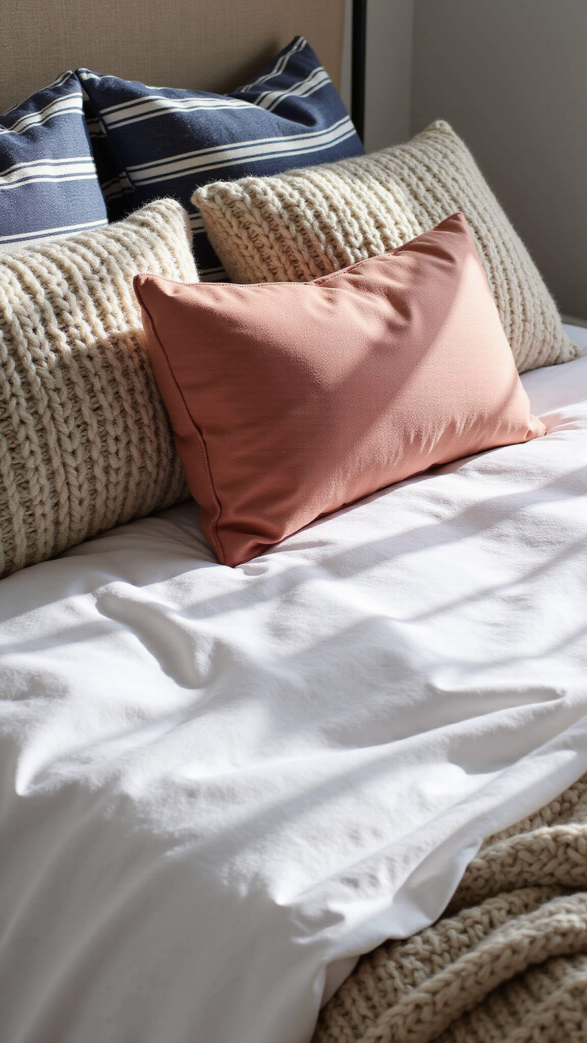 Layered coastal farmhouse bedding with white linen duvet, striped navy and white pillows, sand-toned chunky knit throws, and a muted coral lumbar pillow in soft morning light.