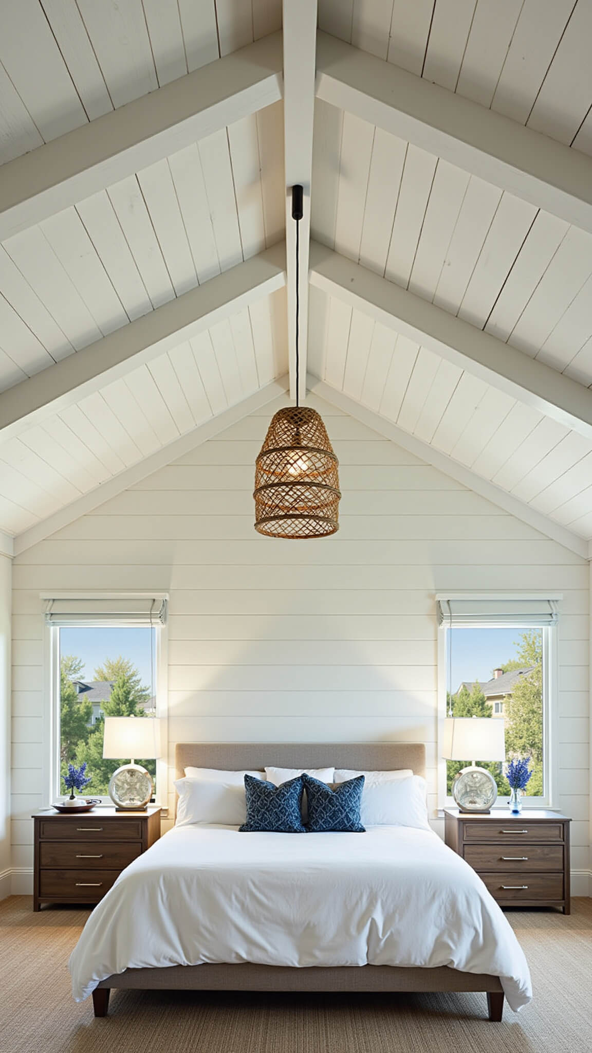 Wide-angle view of a 16x18ft primary bedroom with vaulted ceiling, exposed white beams, shiplap walls, and dramatic lighting from woven pendant.