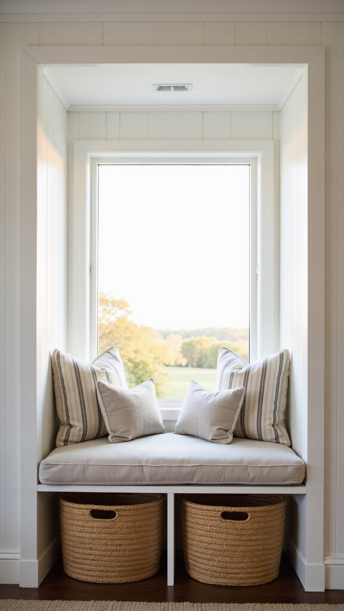 Bedroom window seat nook at sunrise with linen cushions, striped pillows, and woven baskets under a built-in bench, bathed in golden morning light.