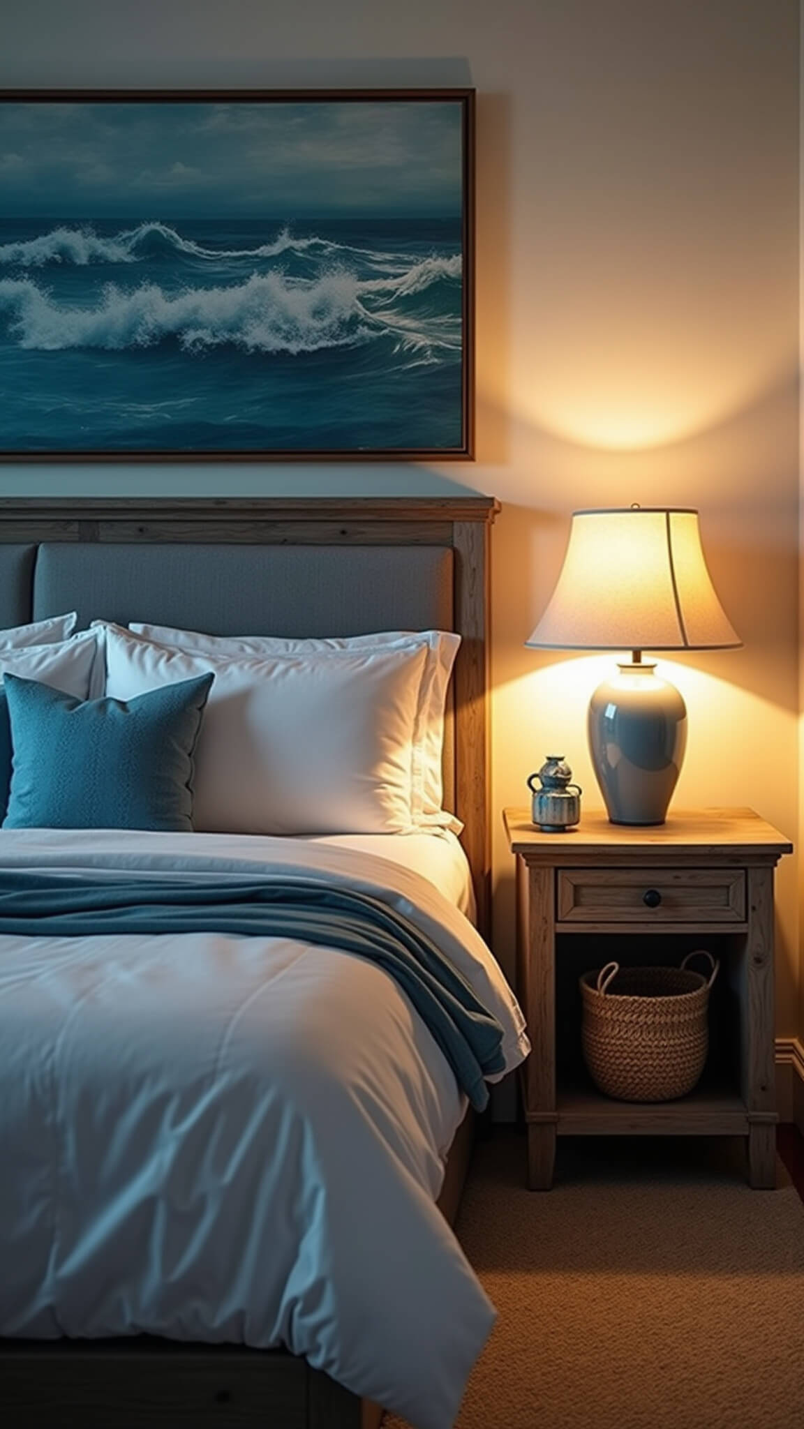 Moody evening bedroom with king bed in white and blue, soft bedside lamp glow, weathered wood nightstands, seagrass baskets, and abstract ocean artwork above.