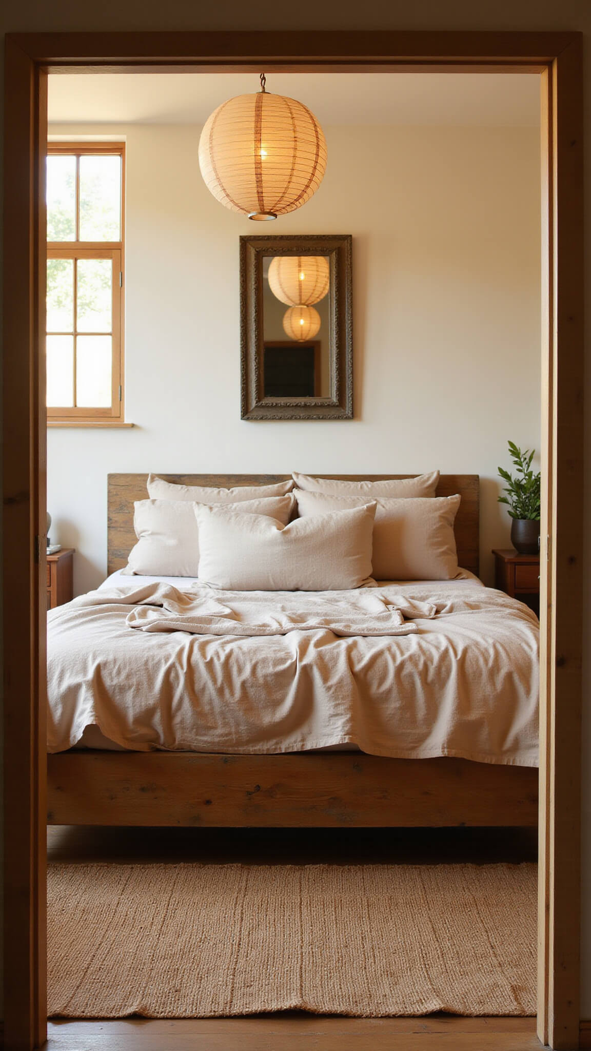 Wabi Sabi-inspired 10x12ft bedroom with weathered timber platform bed, natural linen bedding, jute rug, and golden hour light filtering through paper lanterns.