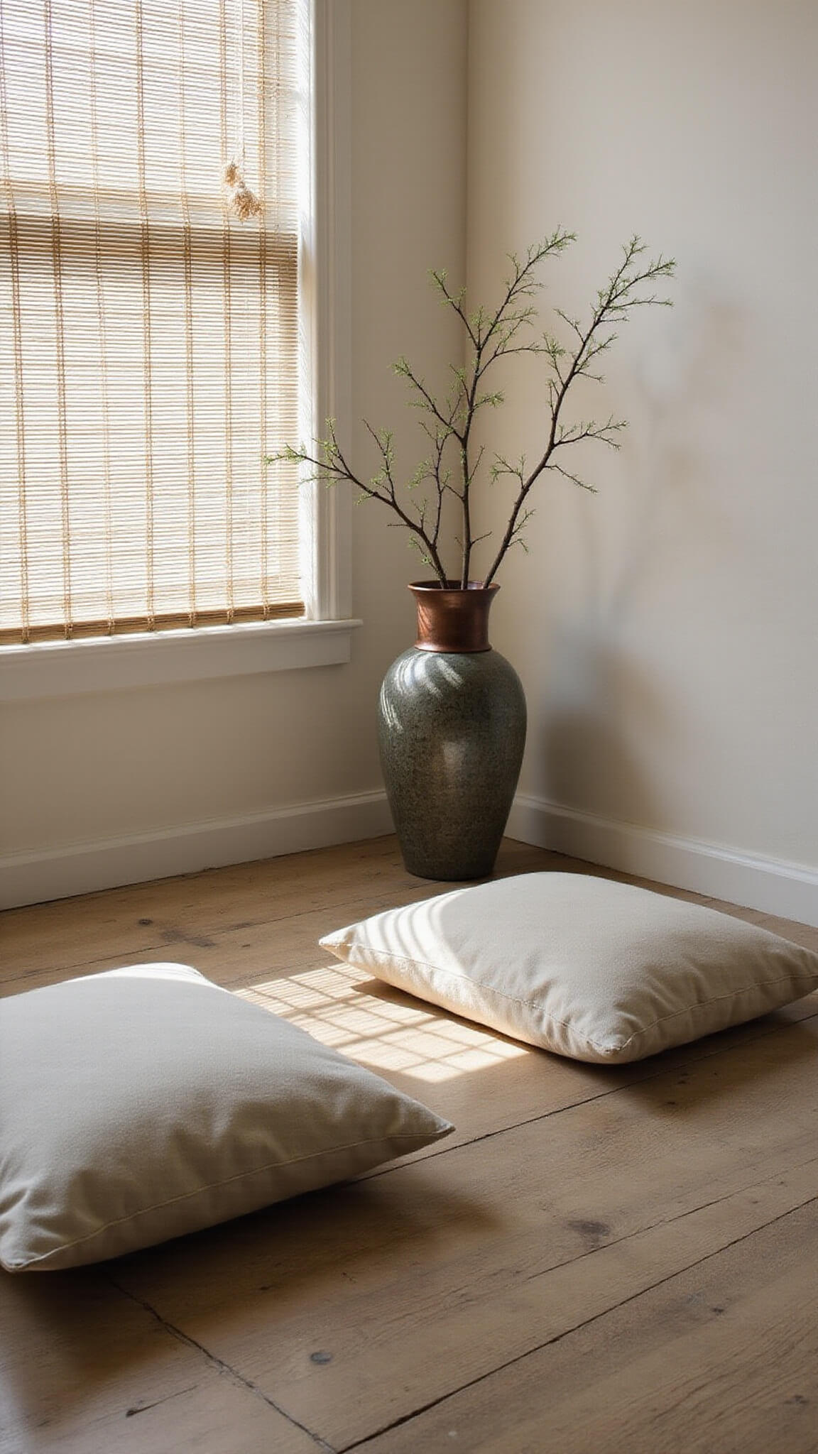 Wabi Sabi meditation corner with ceramic cushions, bamboo blinds, patinated incense holder, and ikebana in soft dawn light.