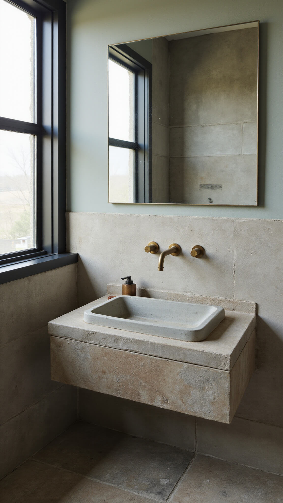 Wabi Sabi-inspired 6x8ft bathroom with concrete sink, unpolished brass fixtures, handmade ceramic tiles, fossil-stone flooring, and soft natural light.