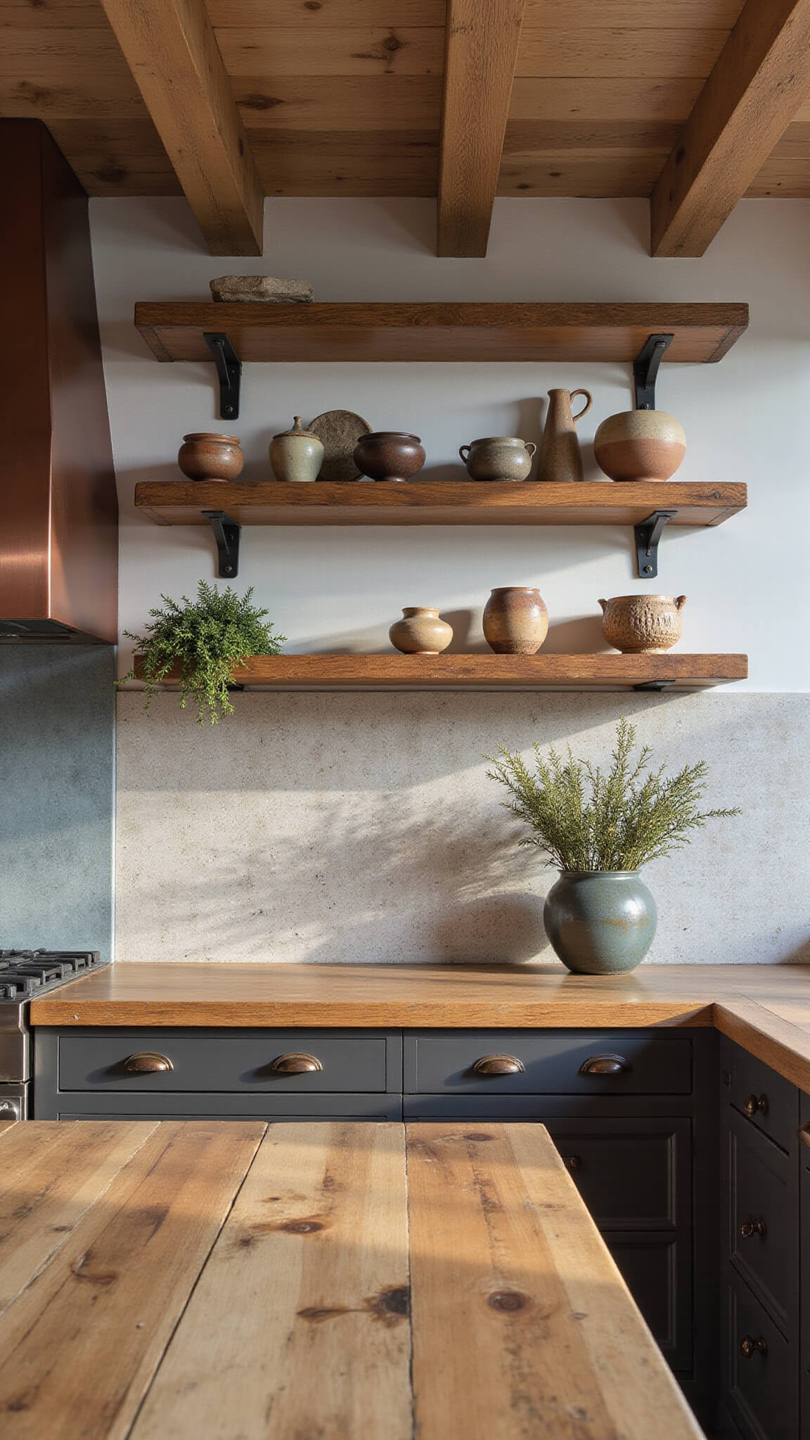 Wabi Sabi kitchen with worn wooden countertops, hand-thrown pottery on open shelves, oxidized copper hardware, and fossil-patterned stone backsplash in warm wood and cool stone tones.
