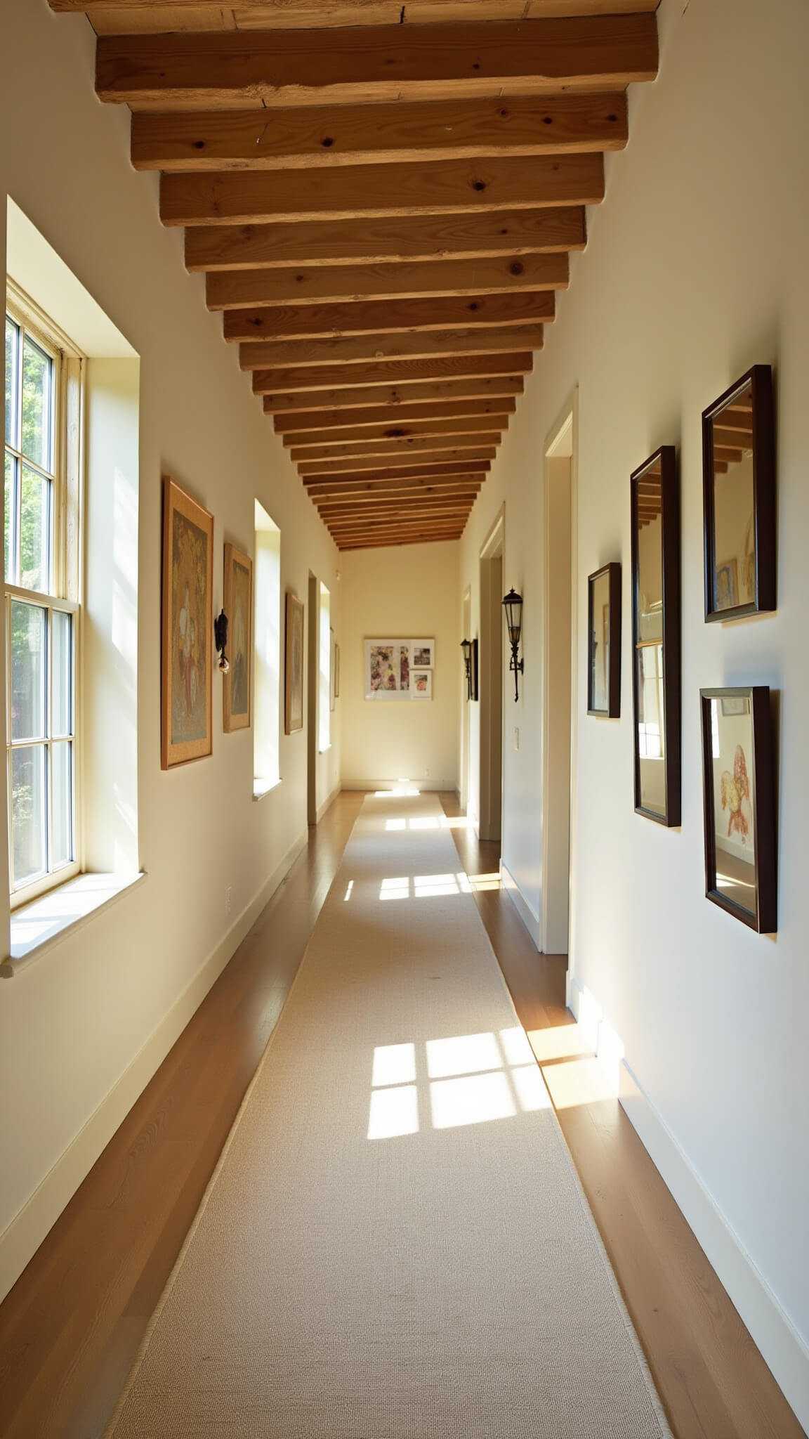 Transitional 5x12ft hallway with Wabi Sabi design, afternoon light casting shadows through rice paper screens, aged wooden frames and vintage mirrors on gallery wall, worn hand-loomed runner, exposed beam ceiling, and soft wheat and pale oak tones.
