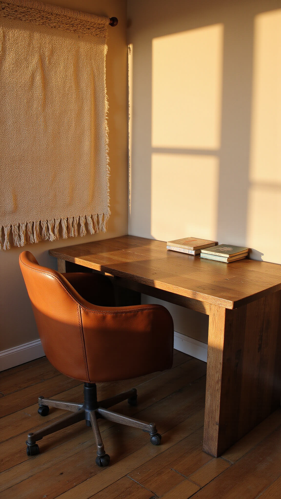 Cozy 10x10ft Wabi Sabi home office with reclaimed wood desk, worn leather chair, textured clay walls, and handwoven fiber wall hanging in warm evening light.