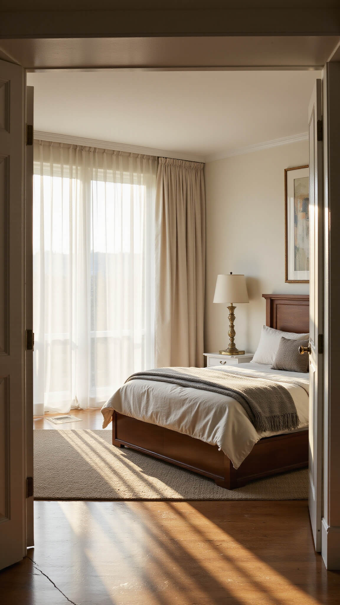 Serene master bedroom with king-size bed in soft linens, golden hour sunlight streaming through sheer curtains, warm brass lighting, and abstract wall art.