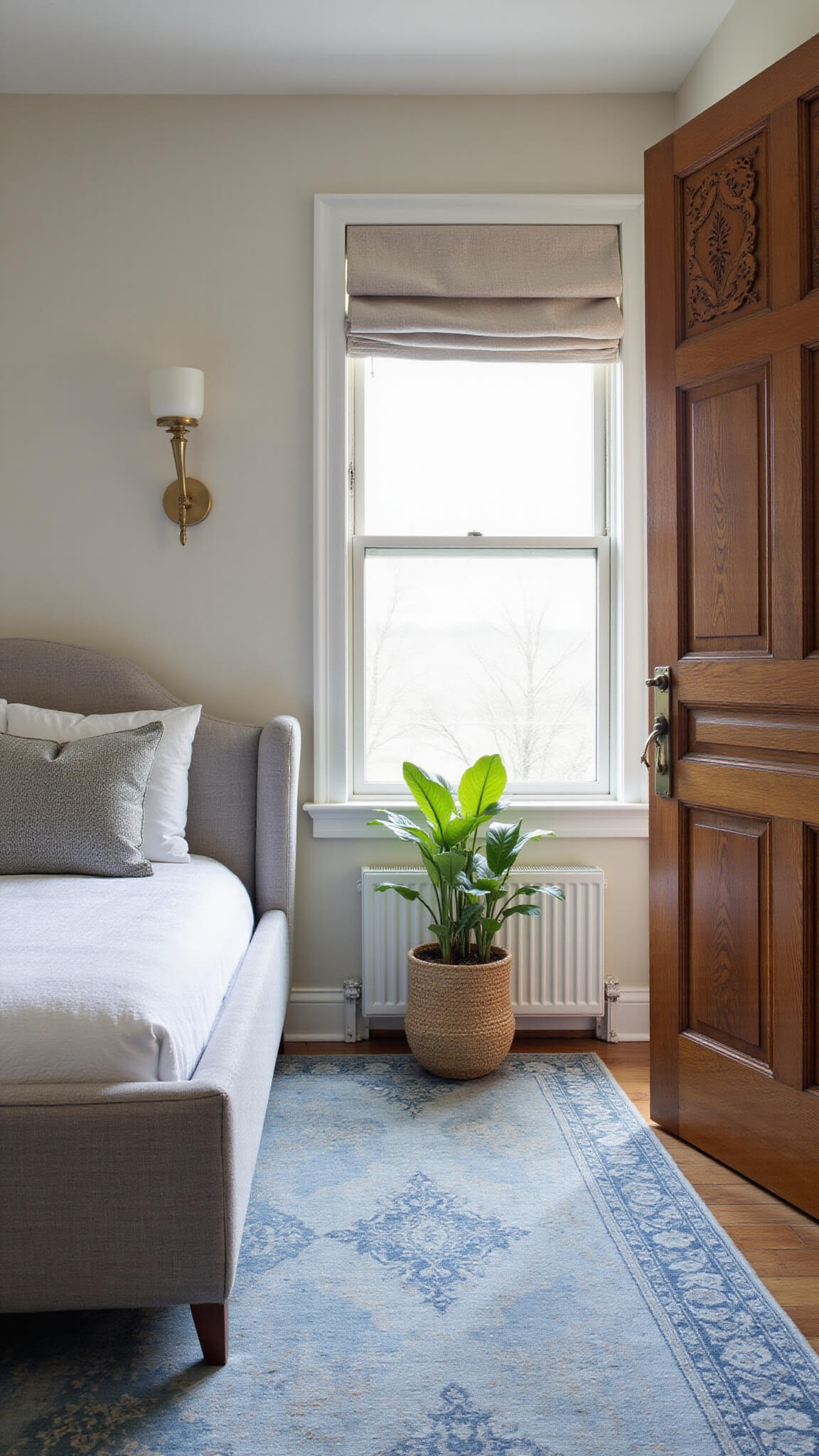Cozy bedroom corner with queen bed facing door, grey upholstered headboard, vintage blue Persian rug, soft morning light through roman blinds, and minimalist decor with snake plant and brass sconce.