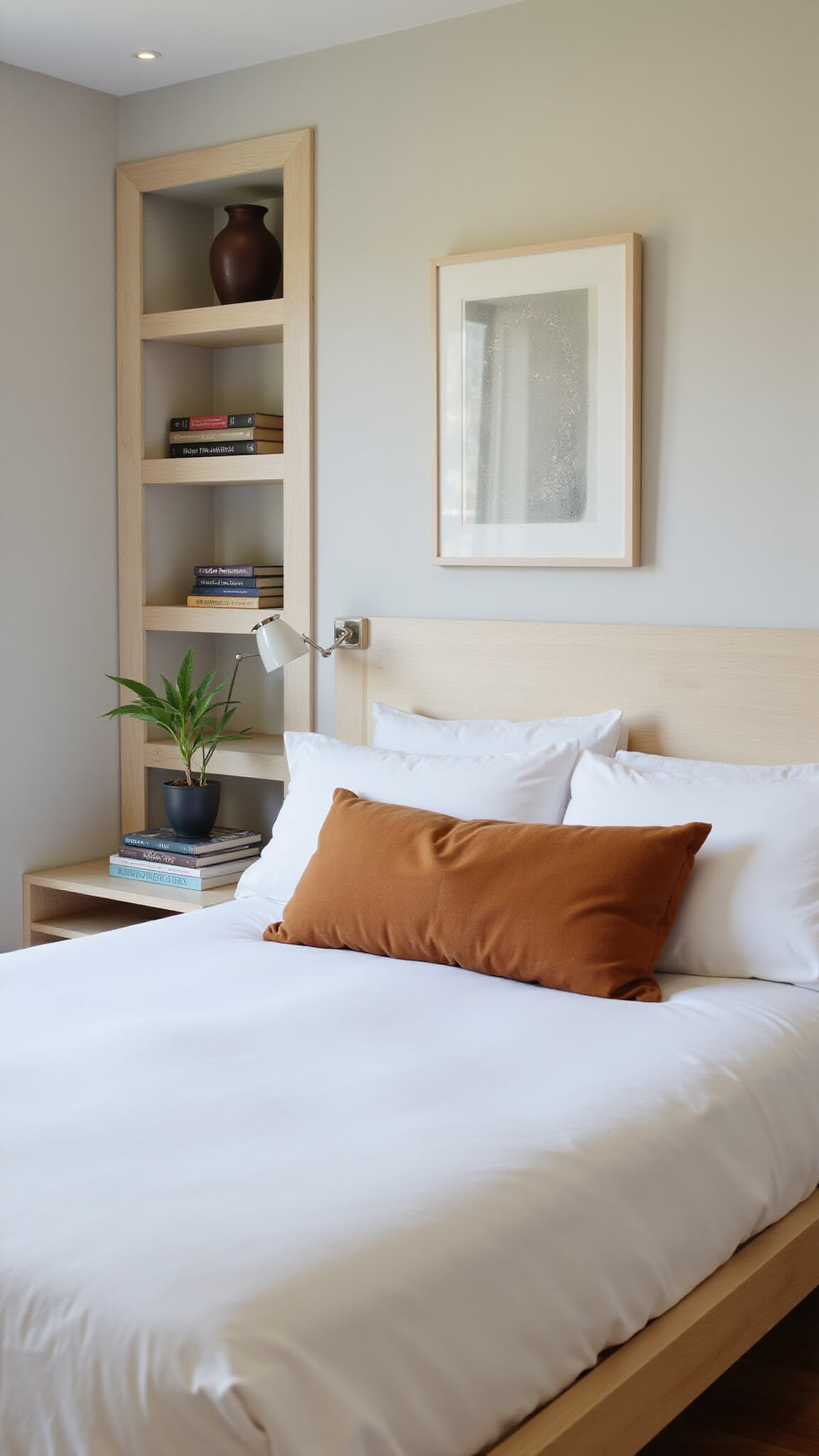 Contemporary 14'x12' bedroom at twilight with white oak floating shelves, platform bed with white bedding and rust lumbar pillow, and Skimming Stone walls in symmetrical composition.