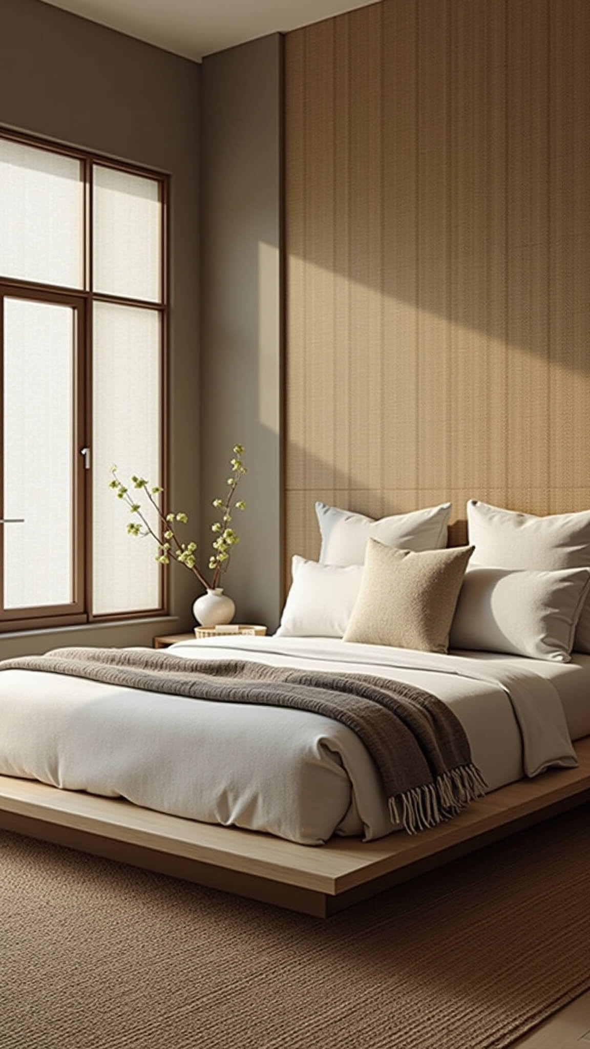 Zen-inspired bedroom with greige walls, grasscloth accent wall, jute rug over bamboo floor, rice paper screens, and minimal earth-tone decor.