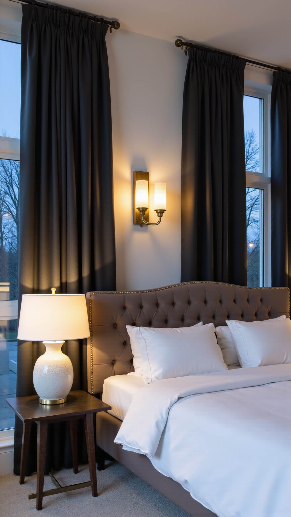 Master suite with taupe velvet headboard, white bedding, dimmable brass sconces, ceramic table lamps, and ivory silk blackout curtains at blue hour lighting.