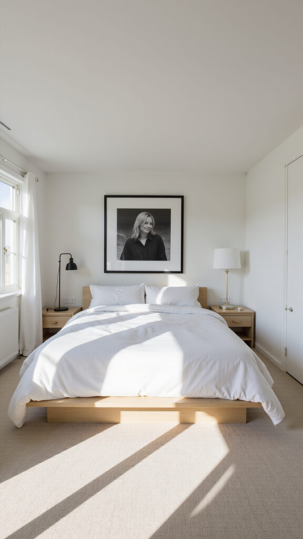 Modern minimalist 16'x14' bedroom with feng shui layout, white walls, platform bed, ivory Berber carpet, white oak dresser, and morning light casting shadows.