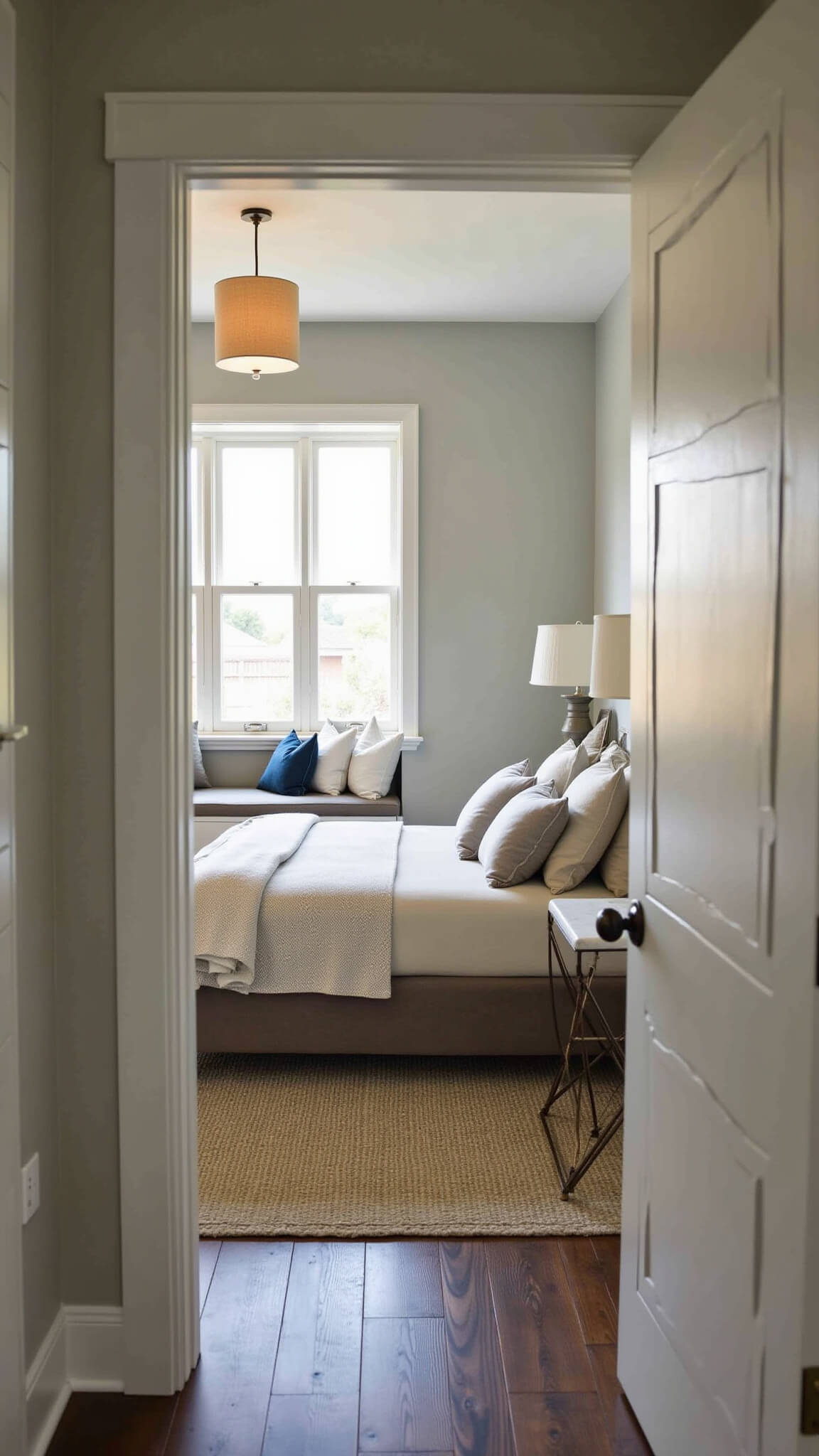 Cozy bedroom sanctuary at dusk with king bed in neutral linens, wool rug, pendant light, built-in window seat, and textured accents.