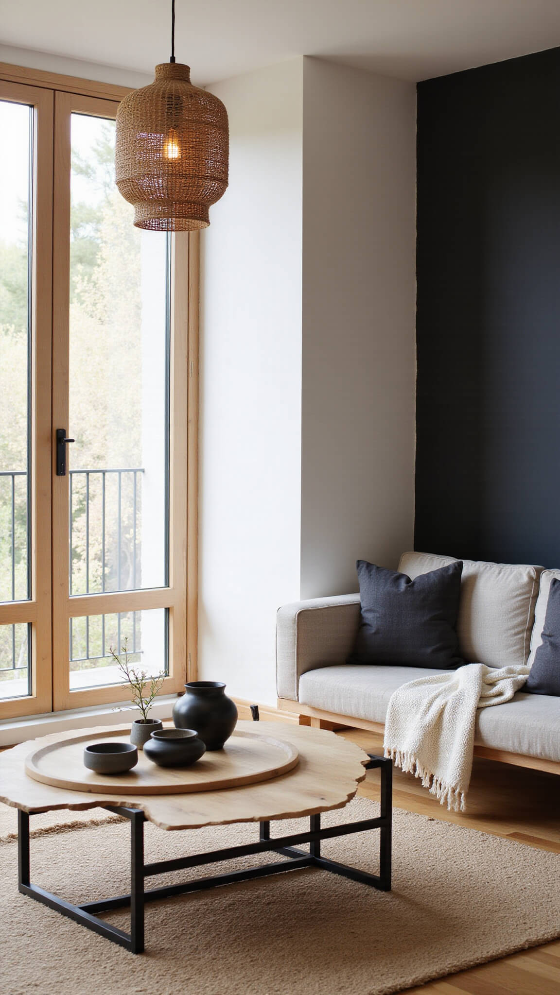 Serene 14x16ft living room with floor-to-ceiling windows, oak platform sofa, black coffee table, bamboo pendant lamp, and matte black accent wall bathed in soft morning light.