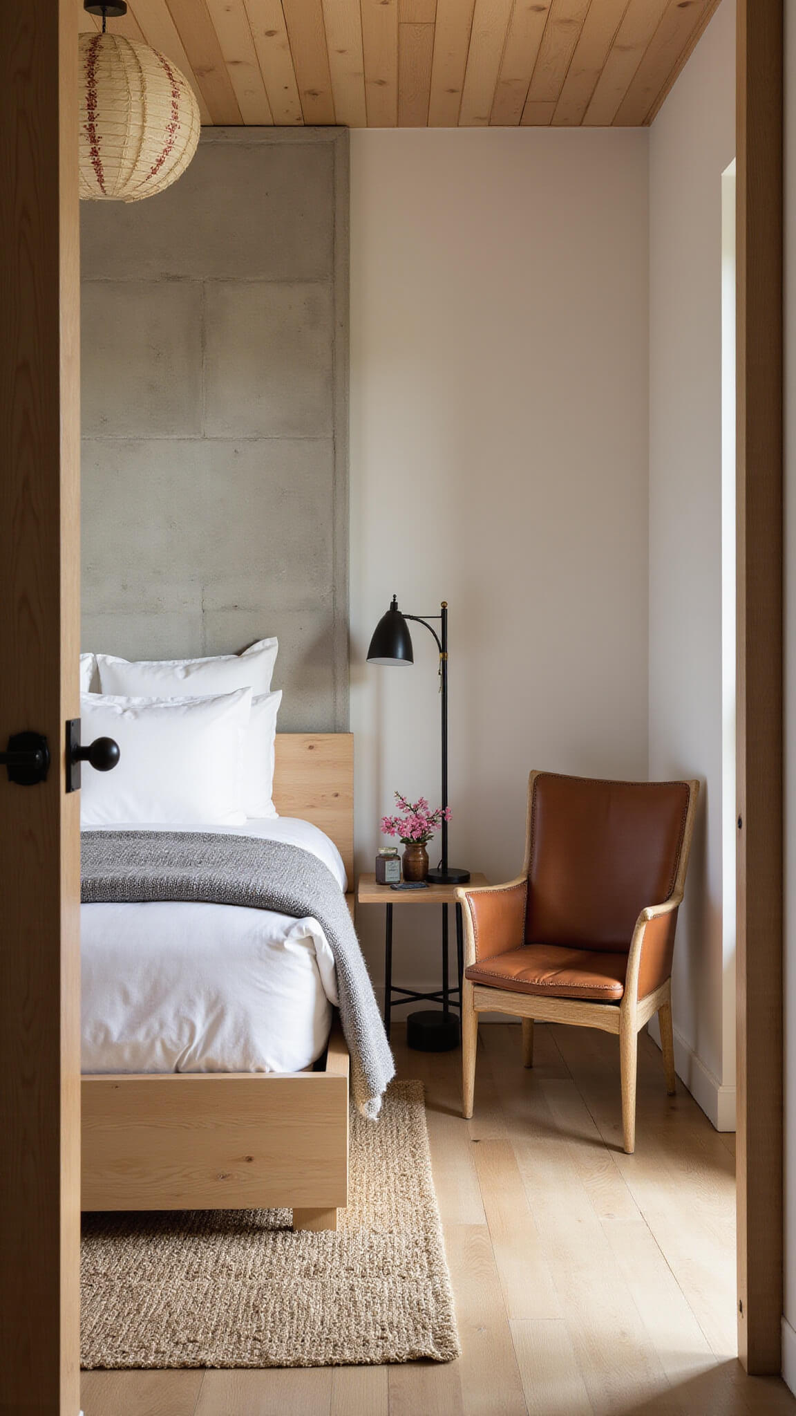 Wabi-sabi style 10x12ft bedroom with platform bed, raw concrete wall, paper lantern, and cherry blossoms at golden hour.
