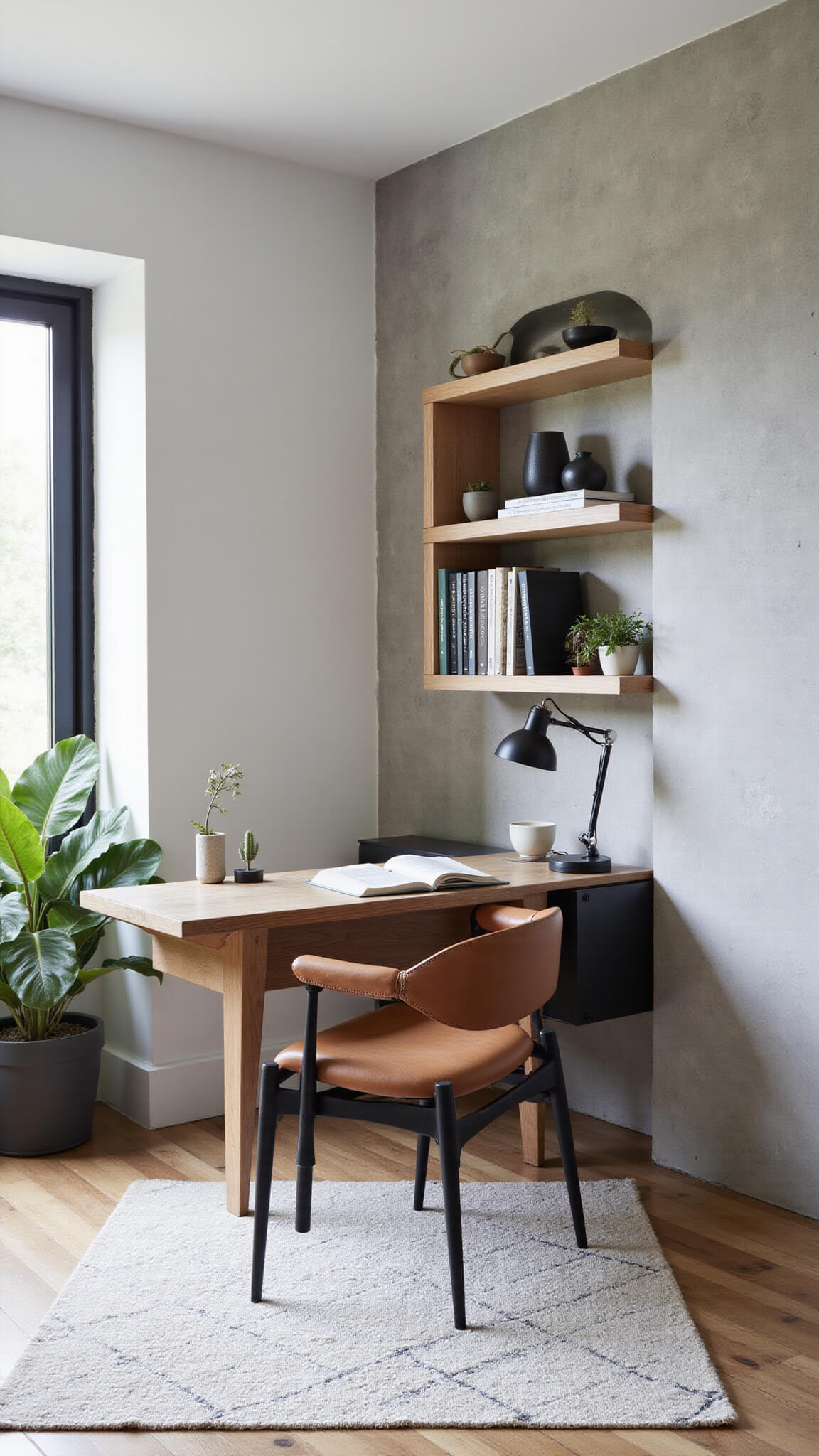Modern 12x15ft home office with smoked oak desk, leather chair, concrete accent wall, open shelves of ceramics and books, gray geometric rug, monstera plant, and diffused afternoon light.