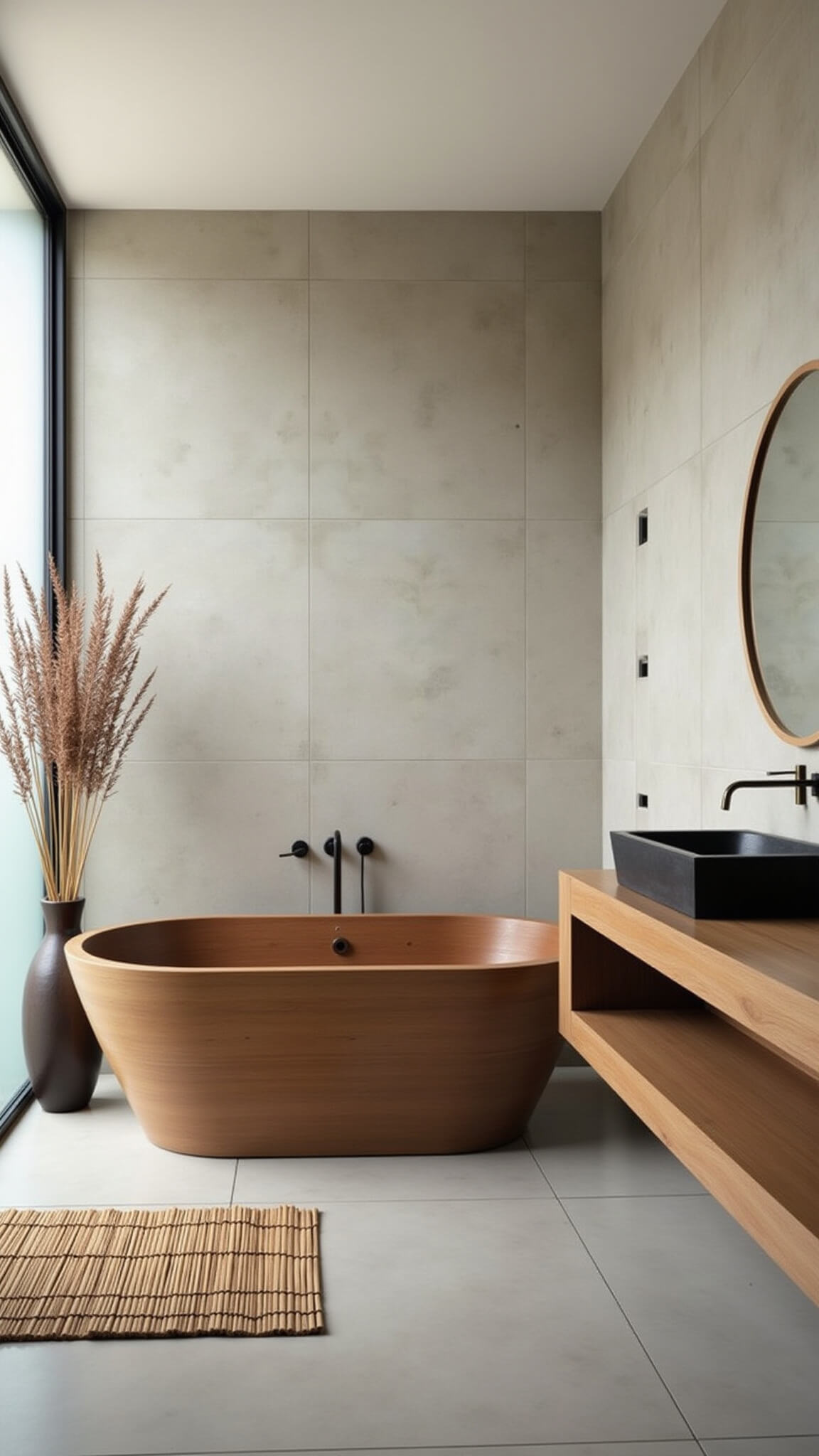Zen-inspired bathroom with wooden soaking tub, black stone sink on bleached oak vanity, concrete tiles, brass fixtures, and pampas grass decor.