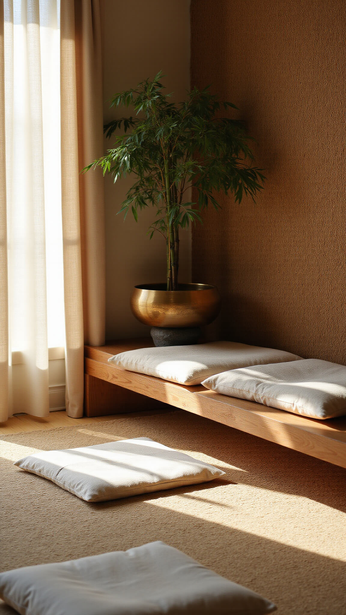 Meditation corner with floor cushions on cedar platform, grass wallcovering, brass singing bowl on stone plinth, bamboo screen, and silk curtains filtering morning light.