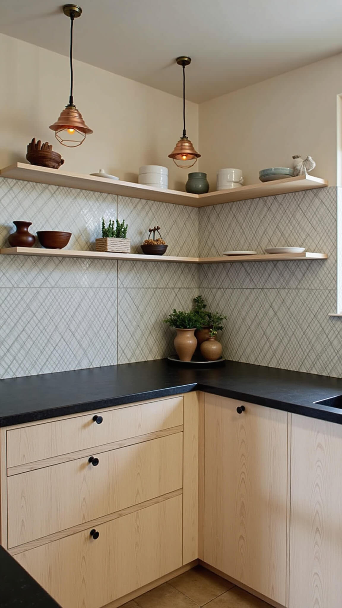 Modern 16x20ft kitchen at twilight with bleached oak cabinets, black stone counters, open shelving displaying ceramics, copper pendant lights, handmade textured tiles, and potted fresh herbs.