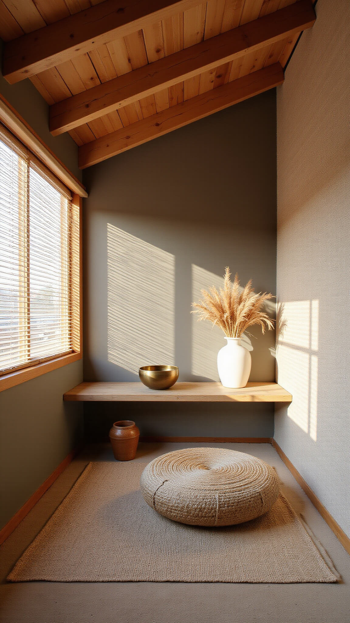 Zen meditation corner with rattan cushion on jute rug, bamboo blinds casting shadows, wood beams, and floating shelf with singing bowl and vase.