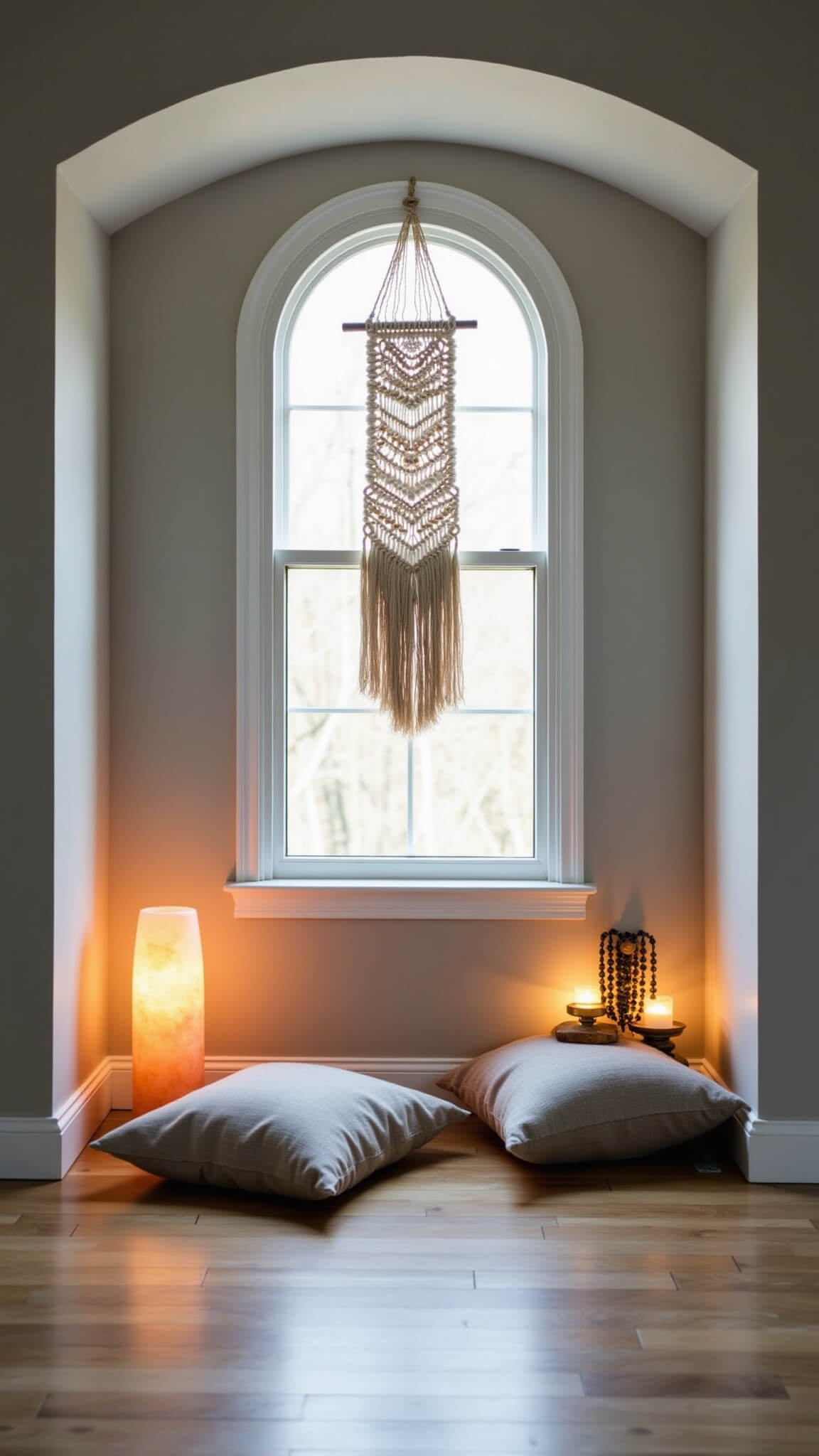 Cozy 10x12ft meditation sanctuary with floor cushions and warm dusk lighting from salt lamp and candles.