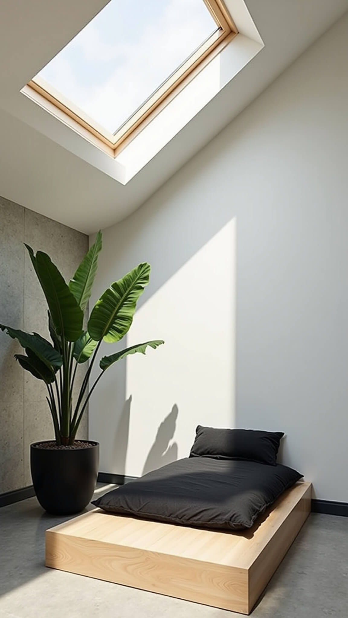 Modern minimalist meditation studio with skylight casting natural light and shadows on bleached oak platform and charcoal cushions, viewed from above.