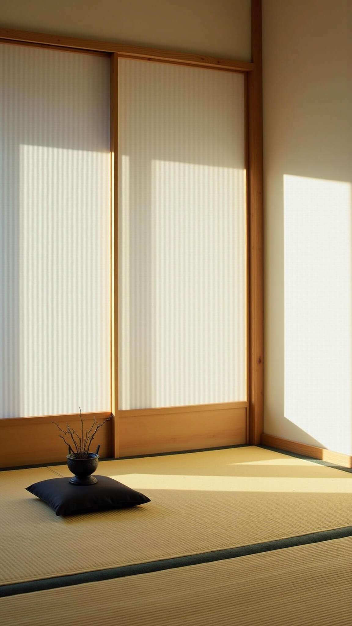 Japanese-style meditation room with tatami mats, black zafu cushion, shoji screen glowing in morning light, and ikebana on low wooden platform.