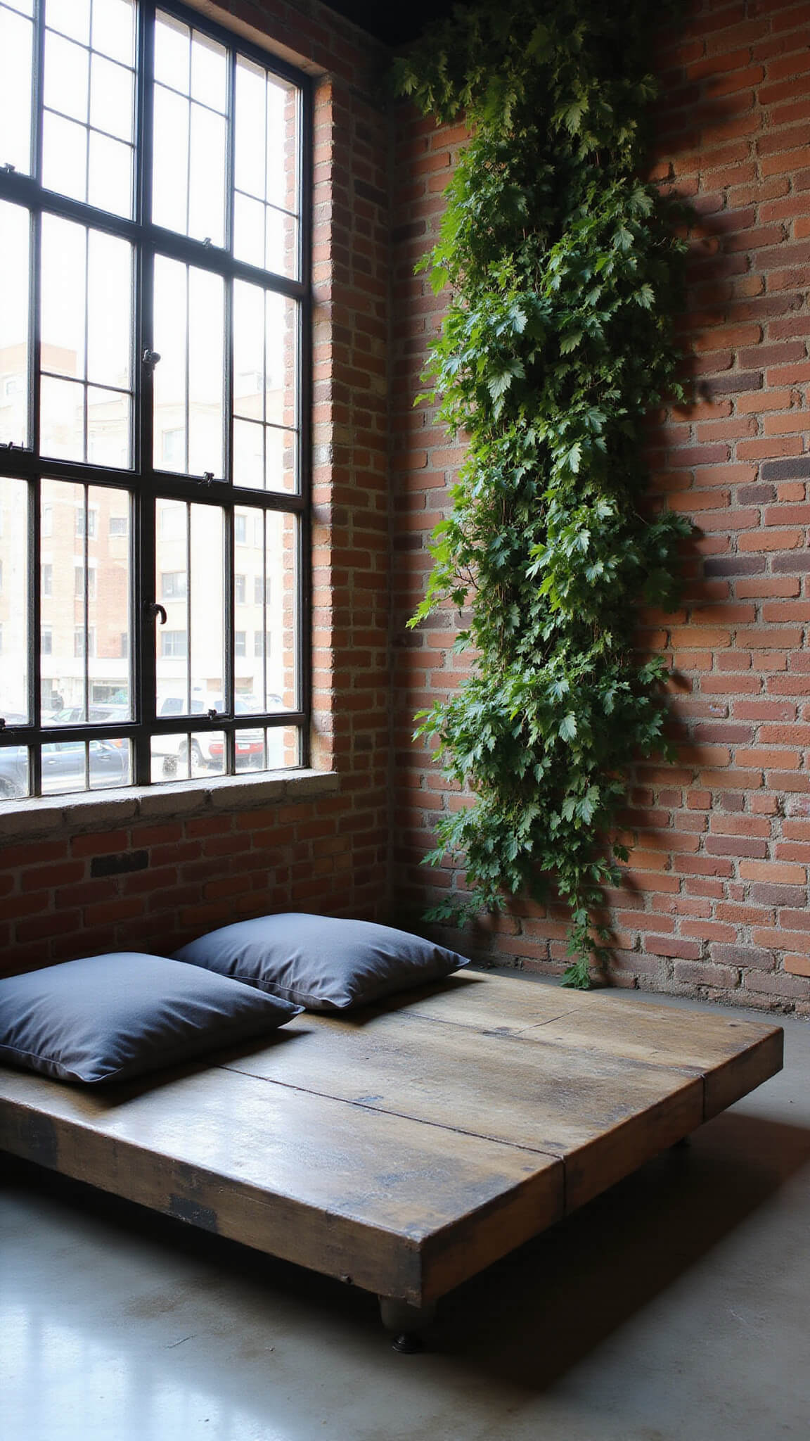Industrial-style meditation loft with floating steel and wood platform, charcoal cushions, trailing plant wall, and afternoon light through factory windows.