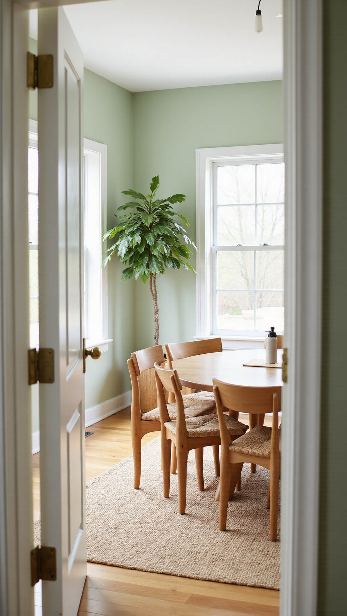 Modern Japandi-style dining room with blonde oak table, woven hemp chairs, pale sage green walls, jute rug, and floor-to-ceiling windows letting in soft late morning sunlight.