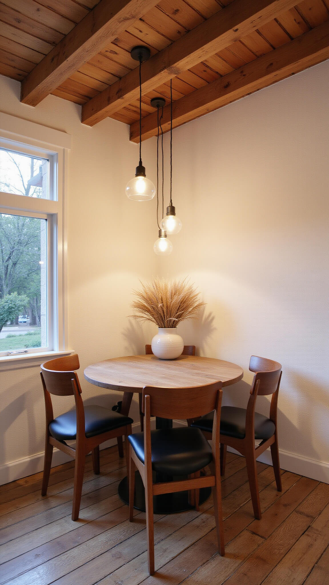 Cozy 12x12ft dining nook with wood beam ceiling, warm dusk lighting, round table with four walnut Japandi chairs, white textured walls, oak flooring, and ceramic vase with pampas grass.