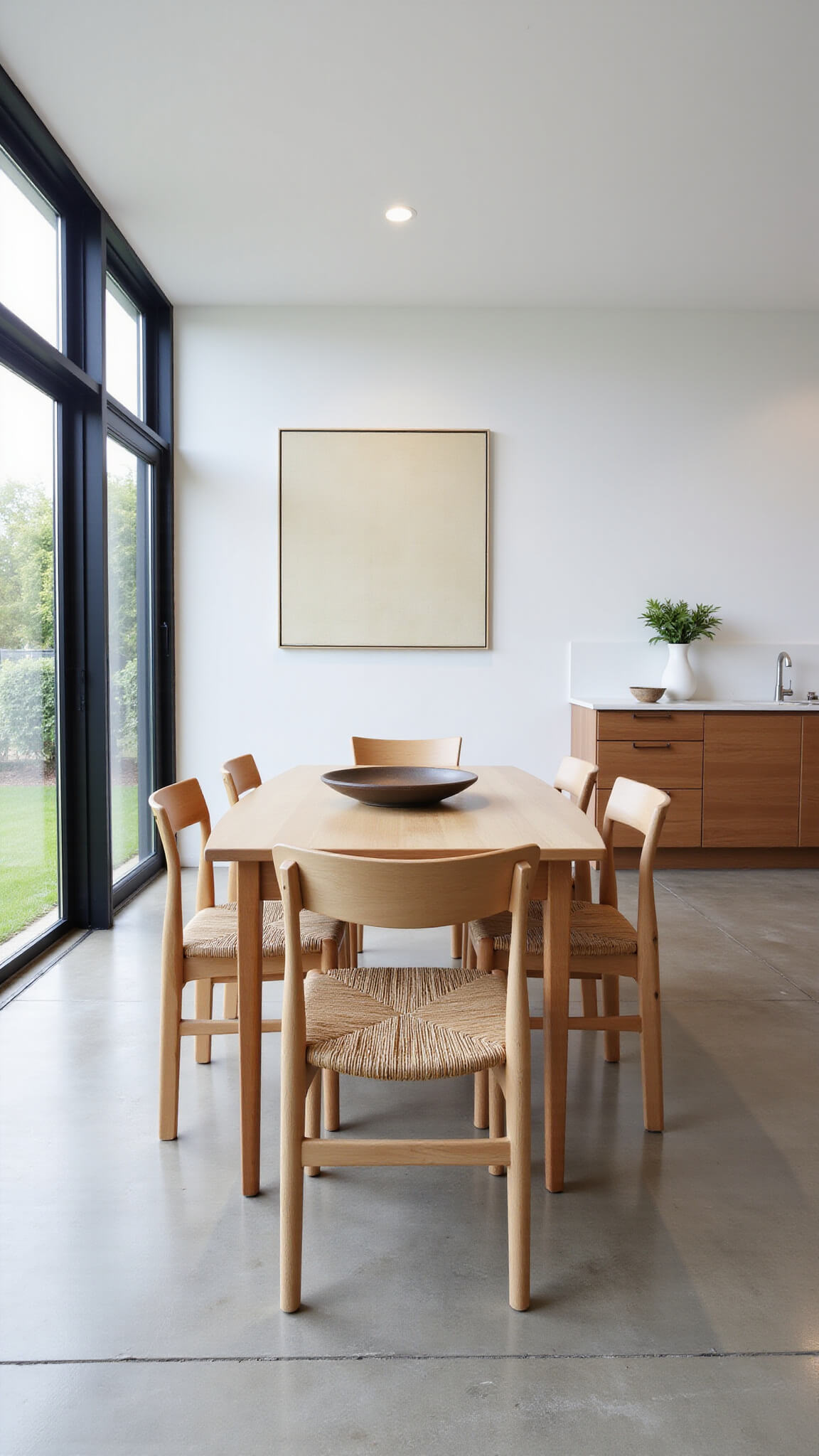 Open-concept dining area with six beech wood chairs around a rectangular table, concrete floors, white walls, black steel-framed windows, and natural and recessed lighting.