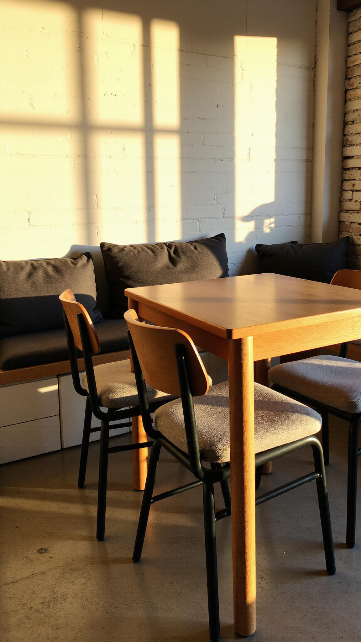Japandi-style dining nook with window bench, charcoal cushions, and mixed-material chairs bathed in golden hour light.