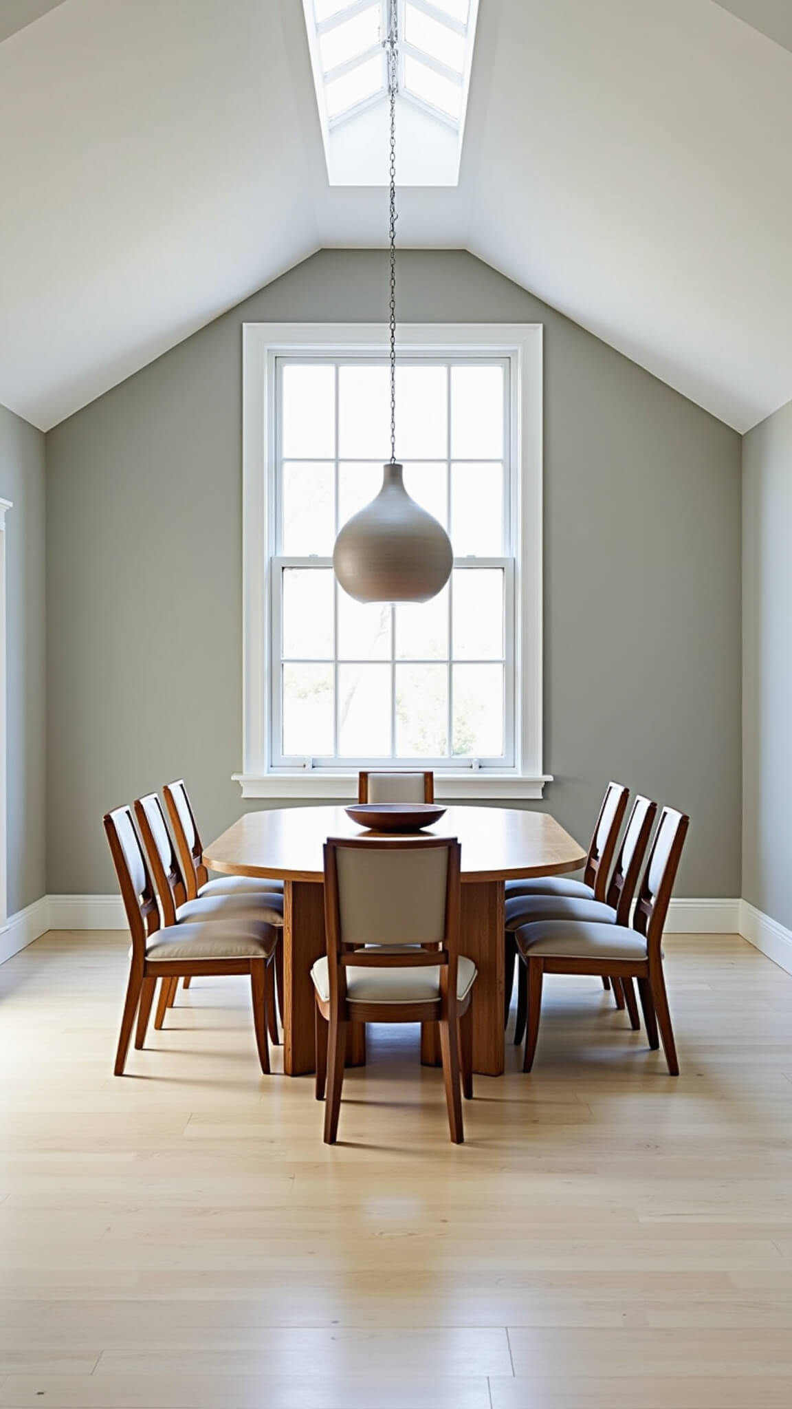 Airy 16x18ft dining room with vaulted ceiling, skylight, oval table surrounded by six smoky oak chairs, pale bamboo flooring, dove grey walls, and a large pottery centerpiece.